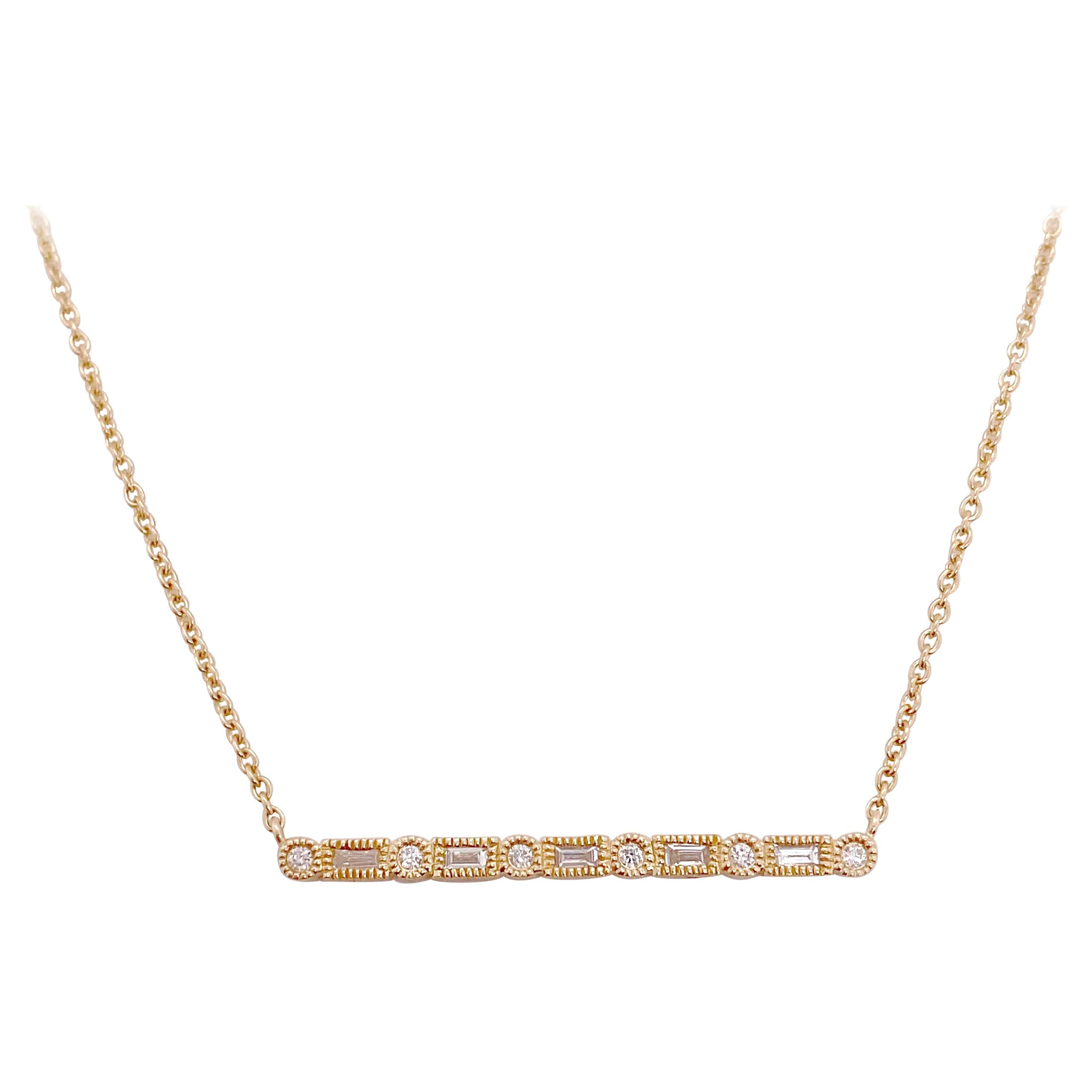 Diamond Bar Necklace, Baguette Diamonds and Round Diamonds Yellow Gold For Sale