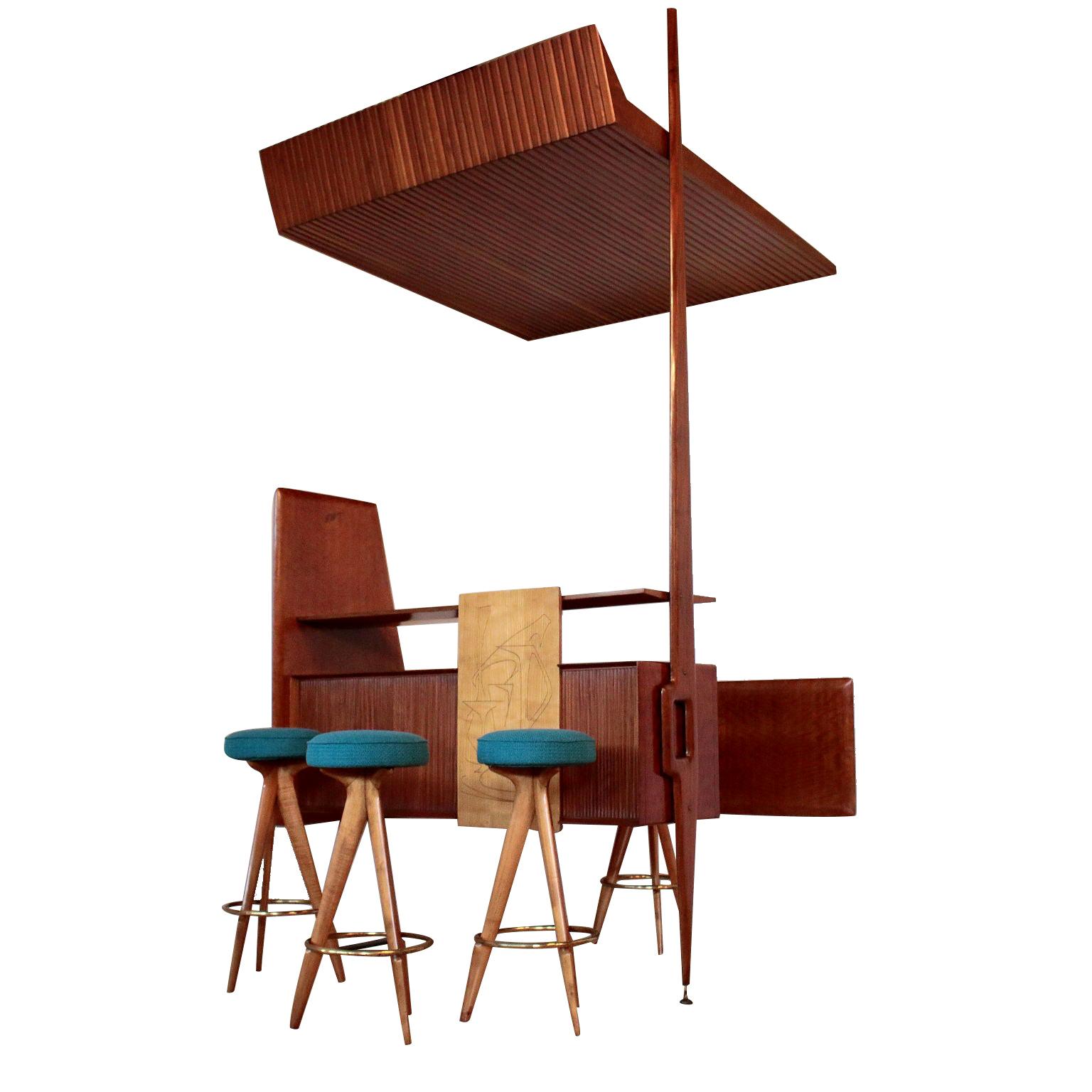Bar Furniture with Stools Mahogany Veneer Vintage, Italy, 1950s at 1stDibs
