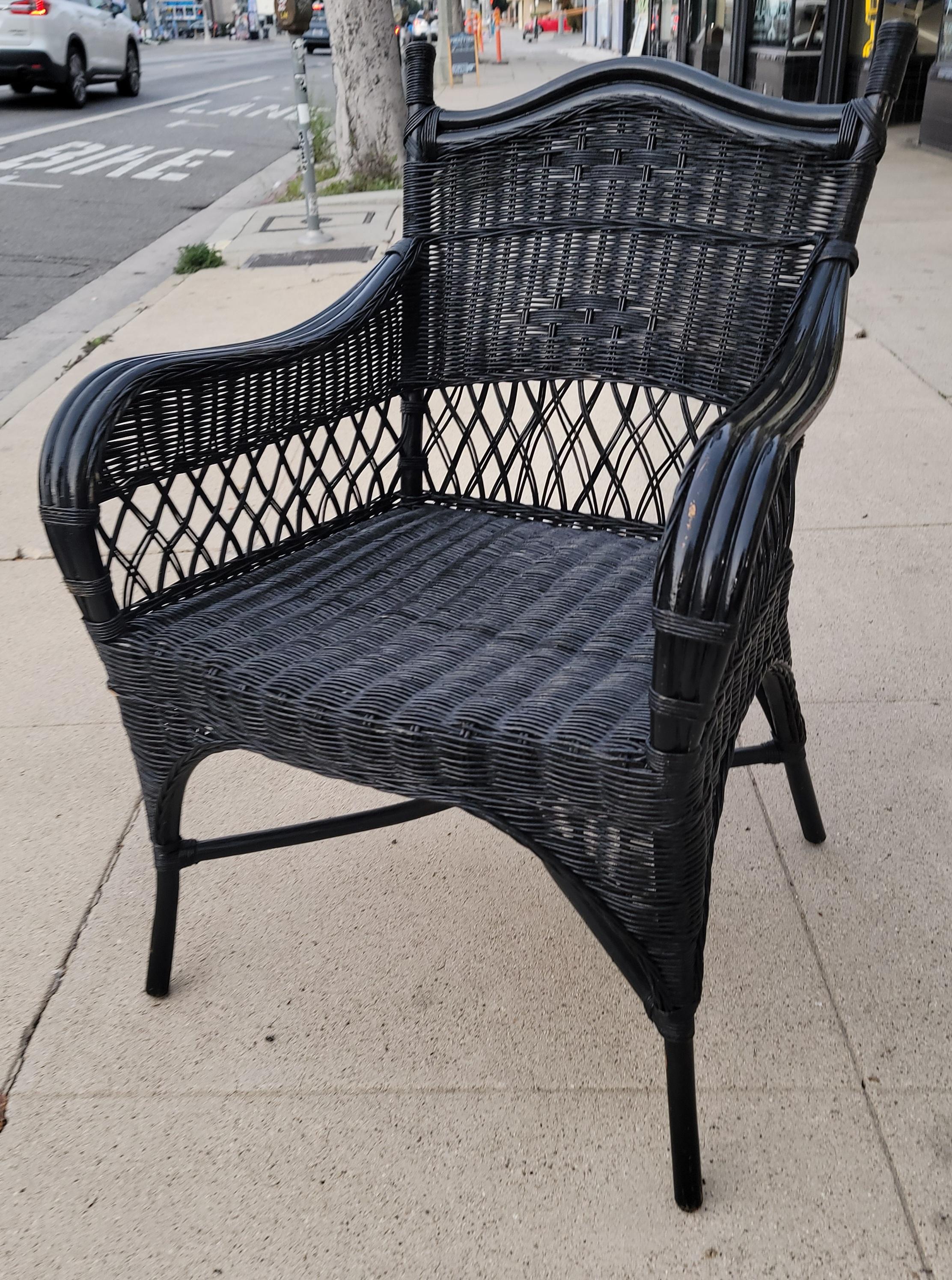 Bar Harbor Style Wicker Chairs With Sunbrella Fabric Cushions -Pair In Good Condition For Sale In Los Angeles, CA