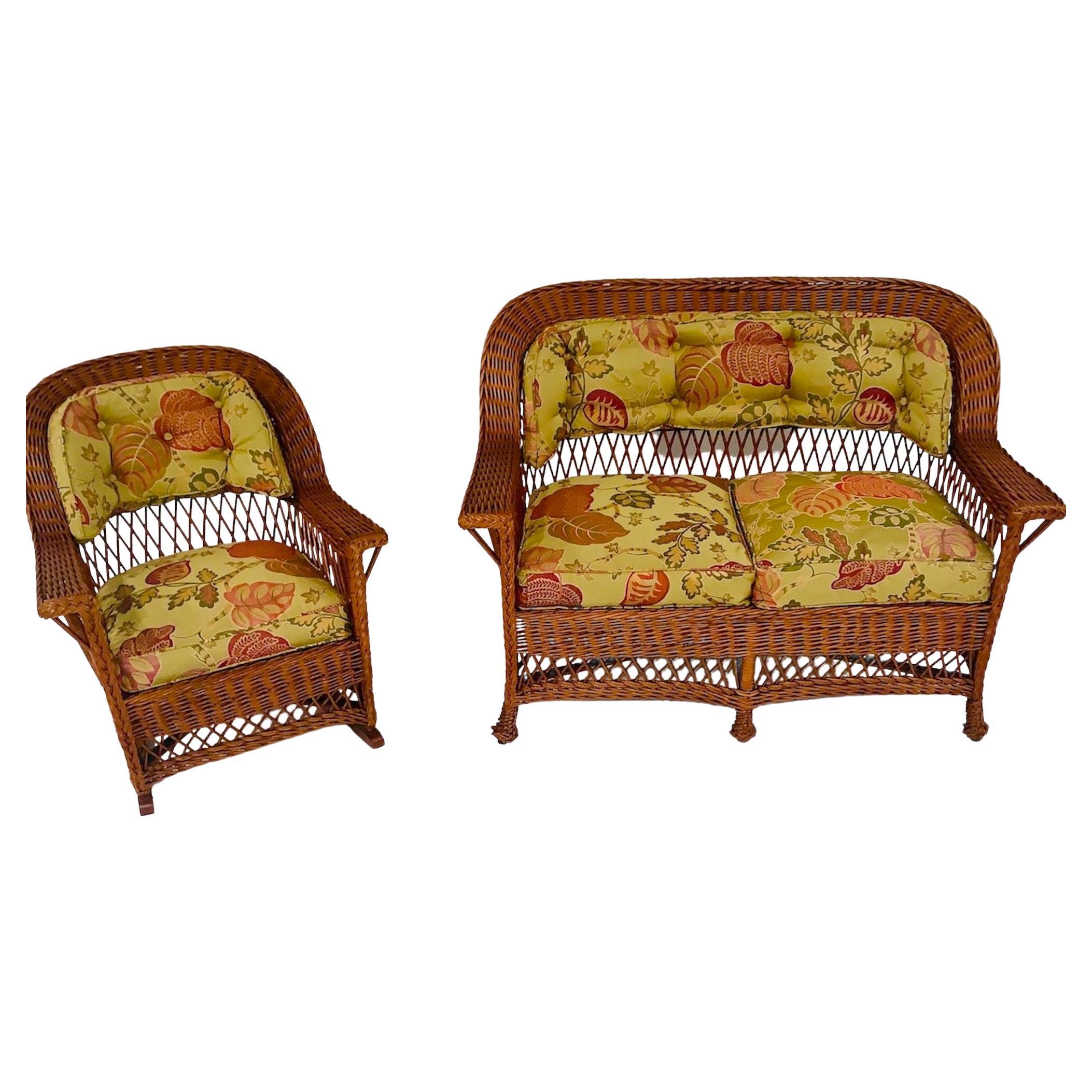 Upholstery Bar Harbor Style Wicker, Loveseat and Matching Rocker