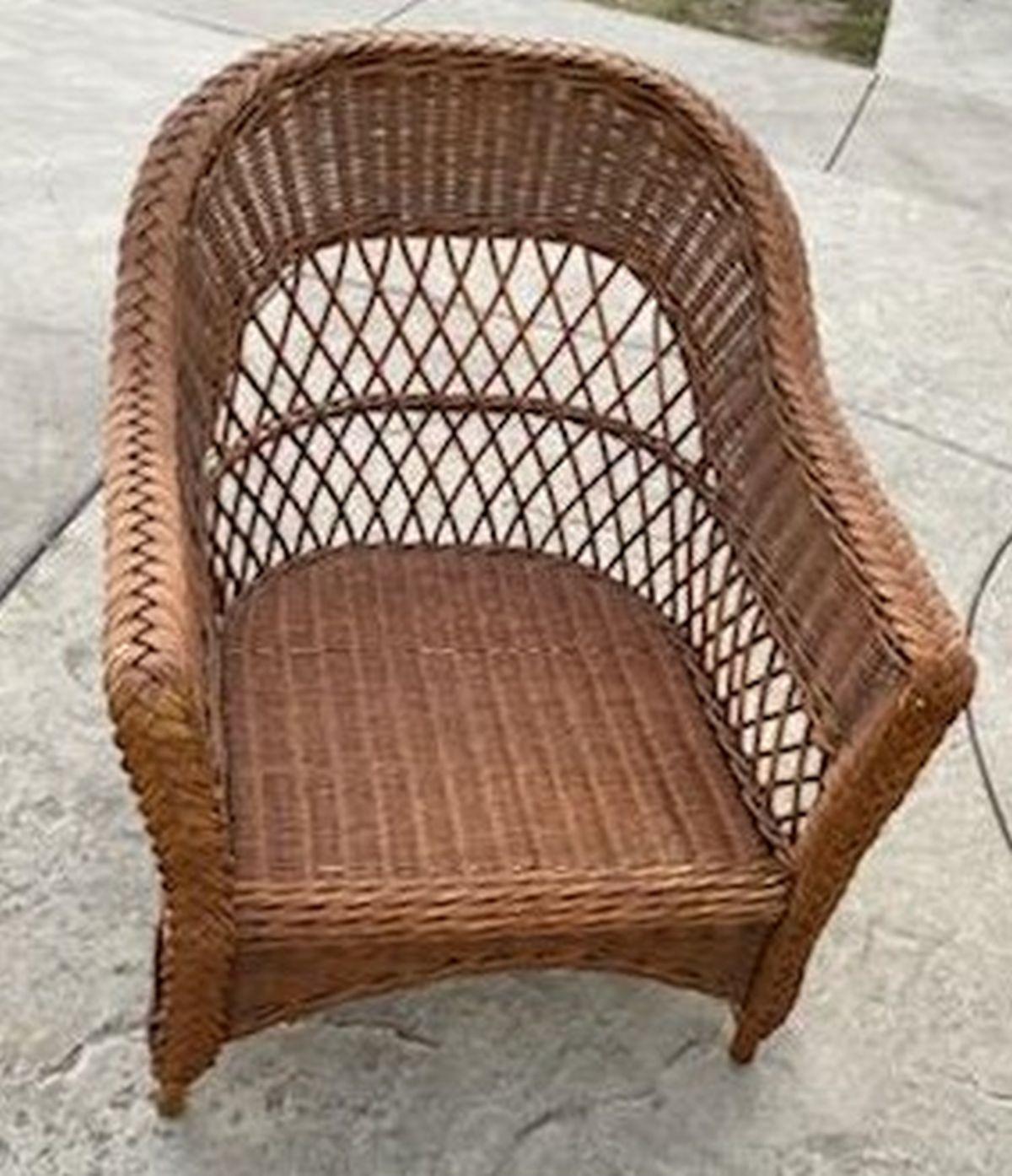 This fine original old surface wicker chair is in fine sturdy condition. It has a wonderful aged patina.