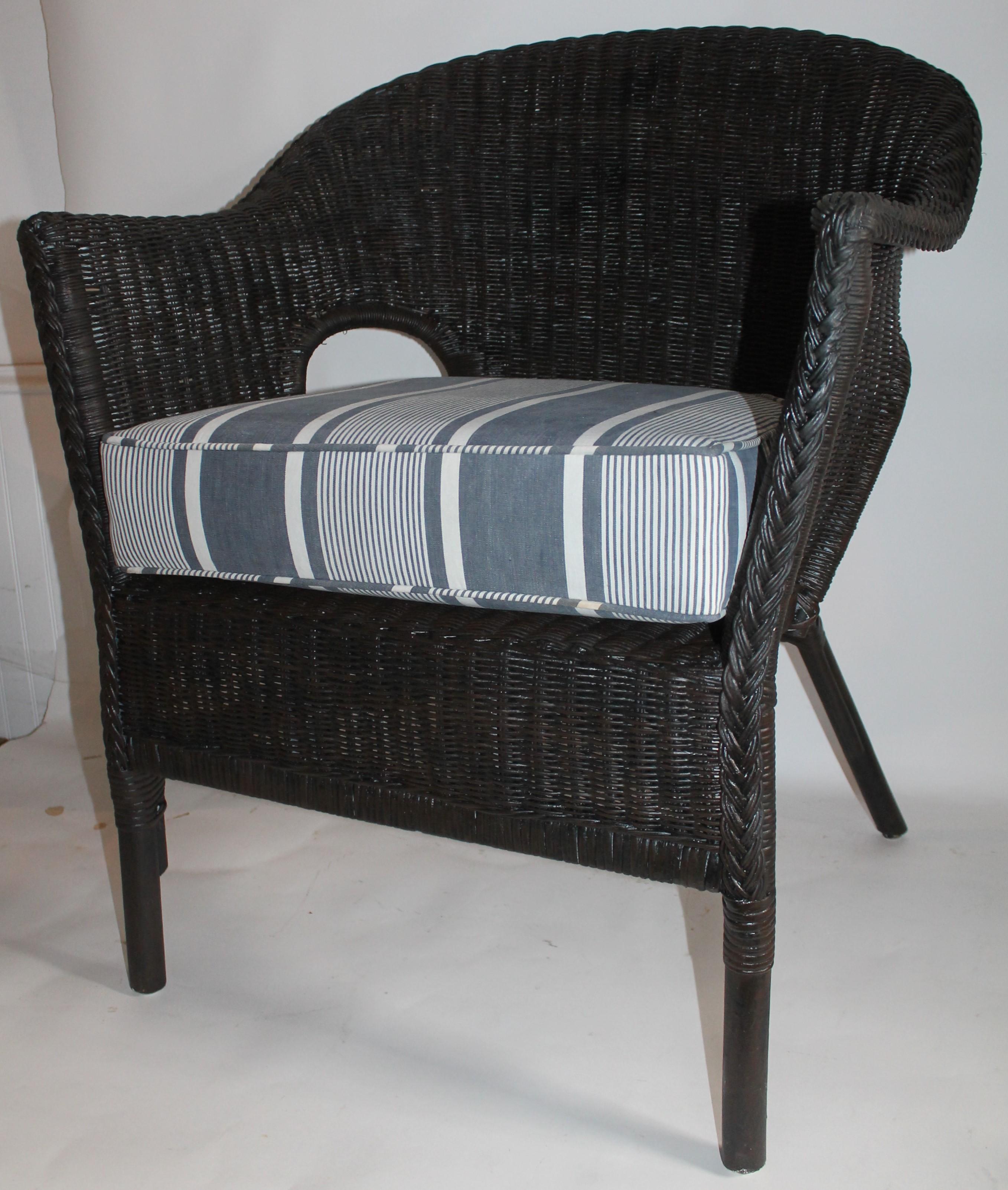American Bar Harbor Wicker Chair with Custom Vintage Ticking Cushion