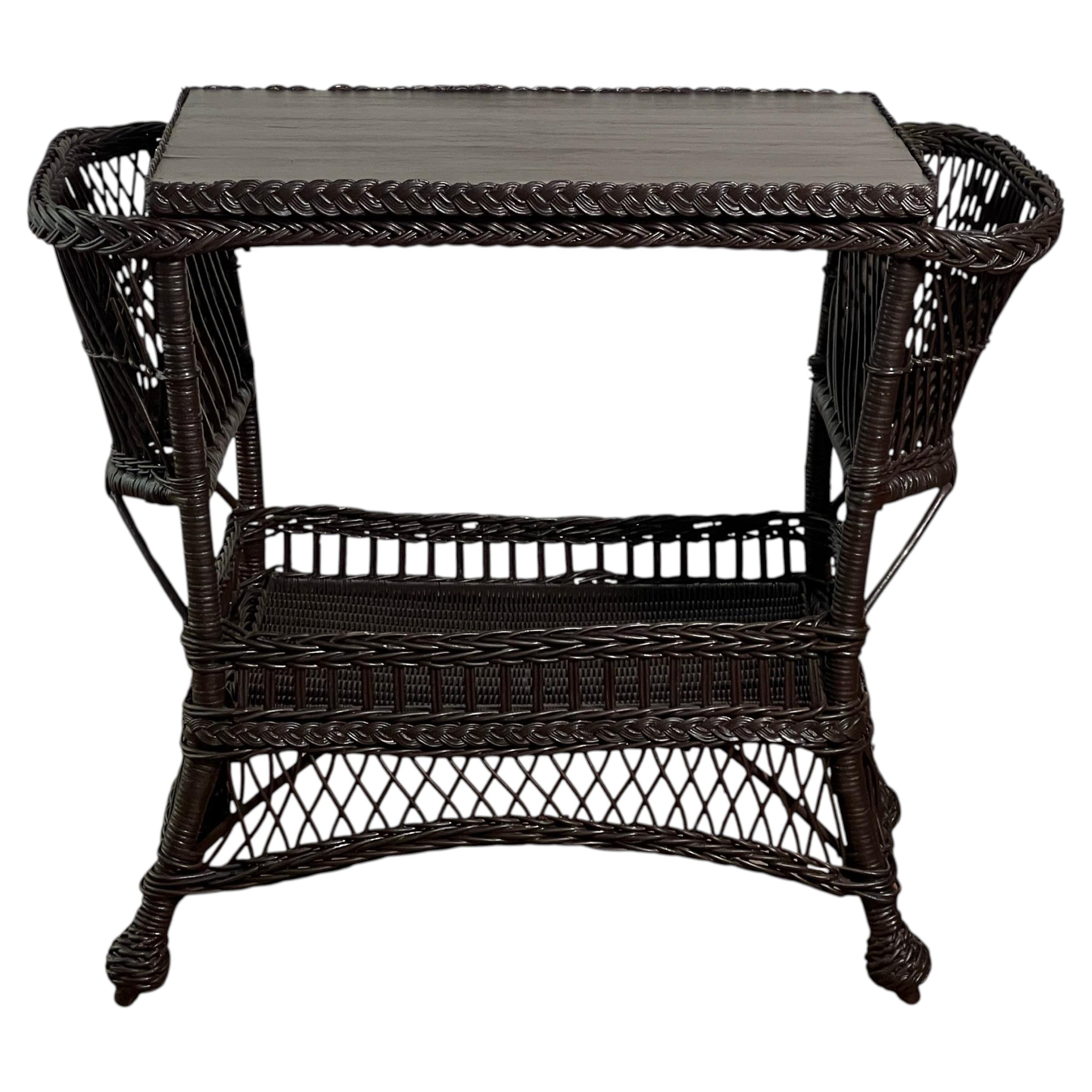 Bar Harbor Wicker Library or Side Table with Magazine Pockets in Brown, c. 1915 For Sale