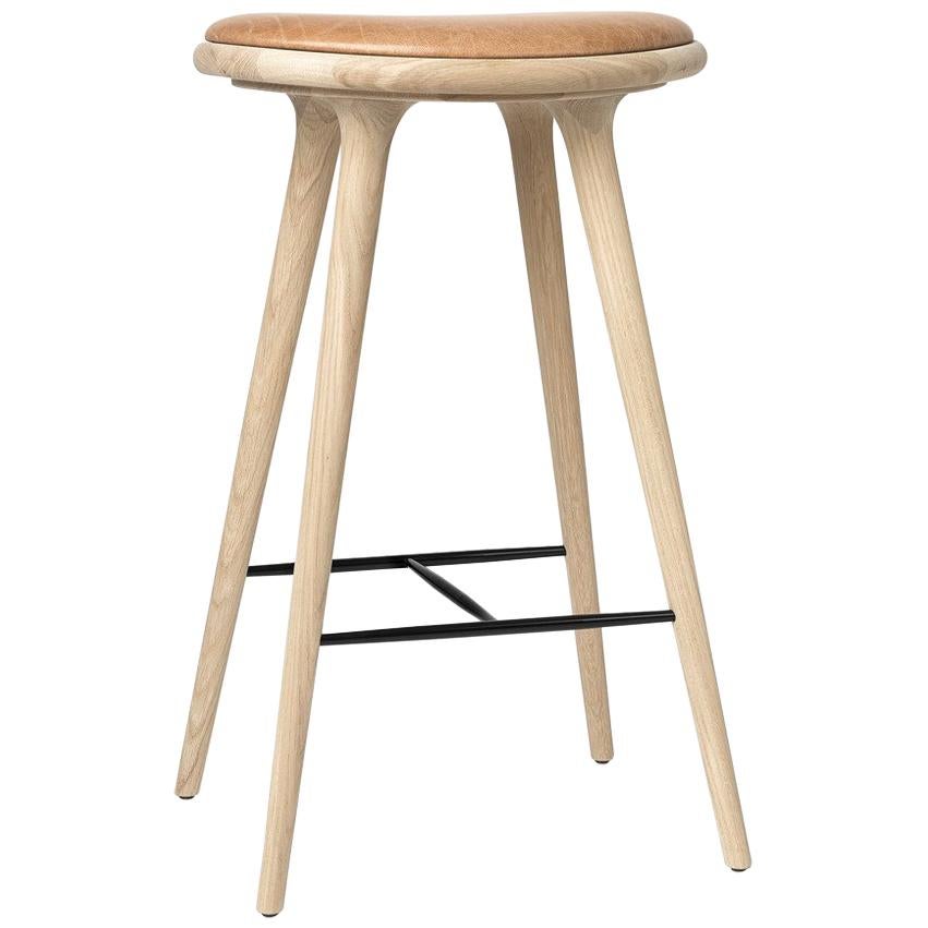 Bar Height High Stool, Natural Soap Oak wood with Leather Seat by Mater Design