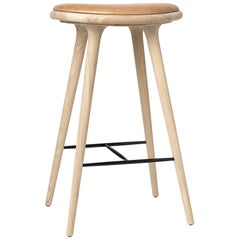 Bar Height High Stool, Natural Soap Oak wood with Leather Seat by Mater Design