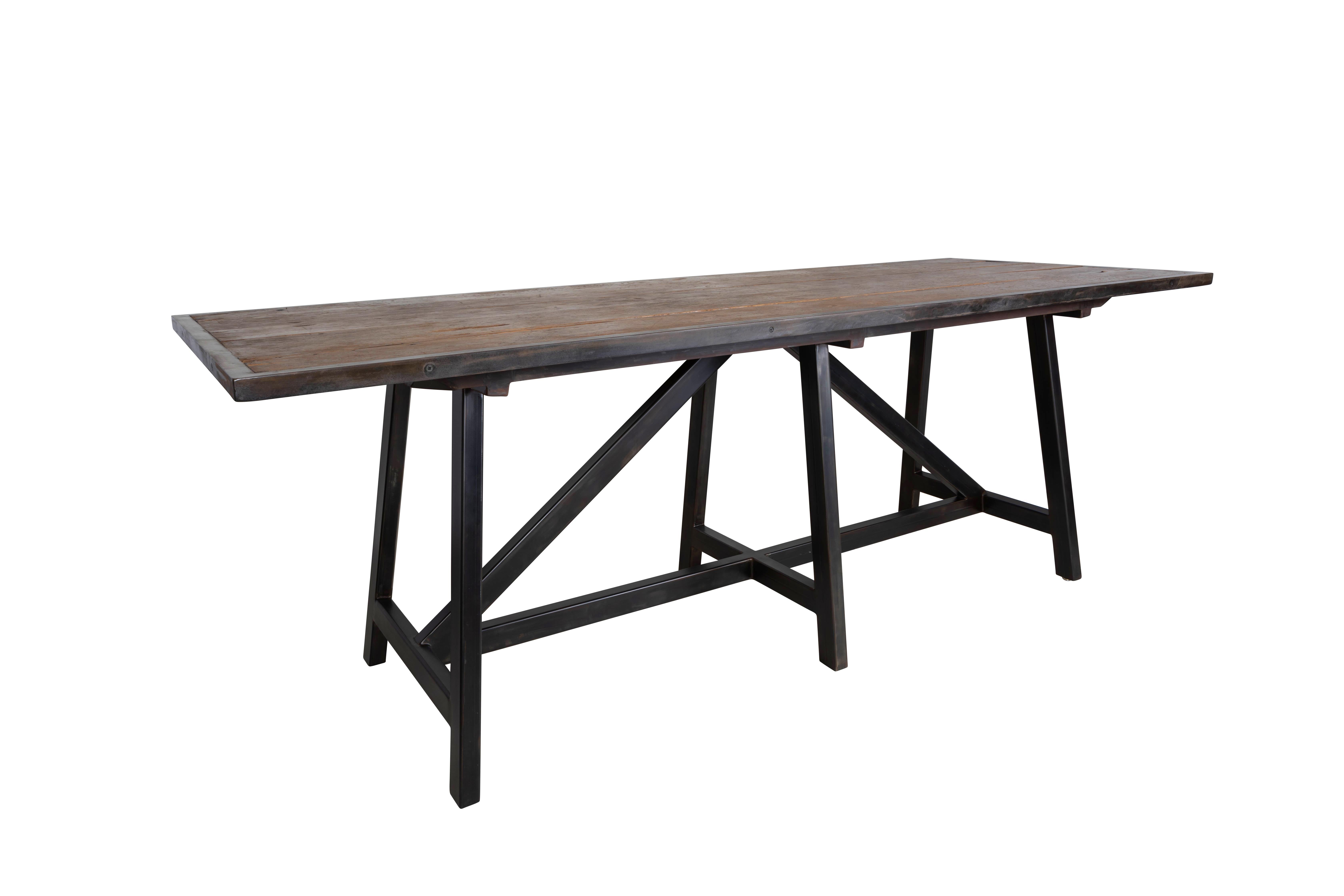 Organic Modern Bar Height Island Table, Vintage Elm Steel Framed Top, Ebony Patina Angle Base For Sale