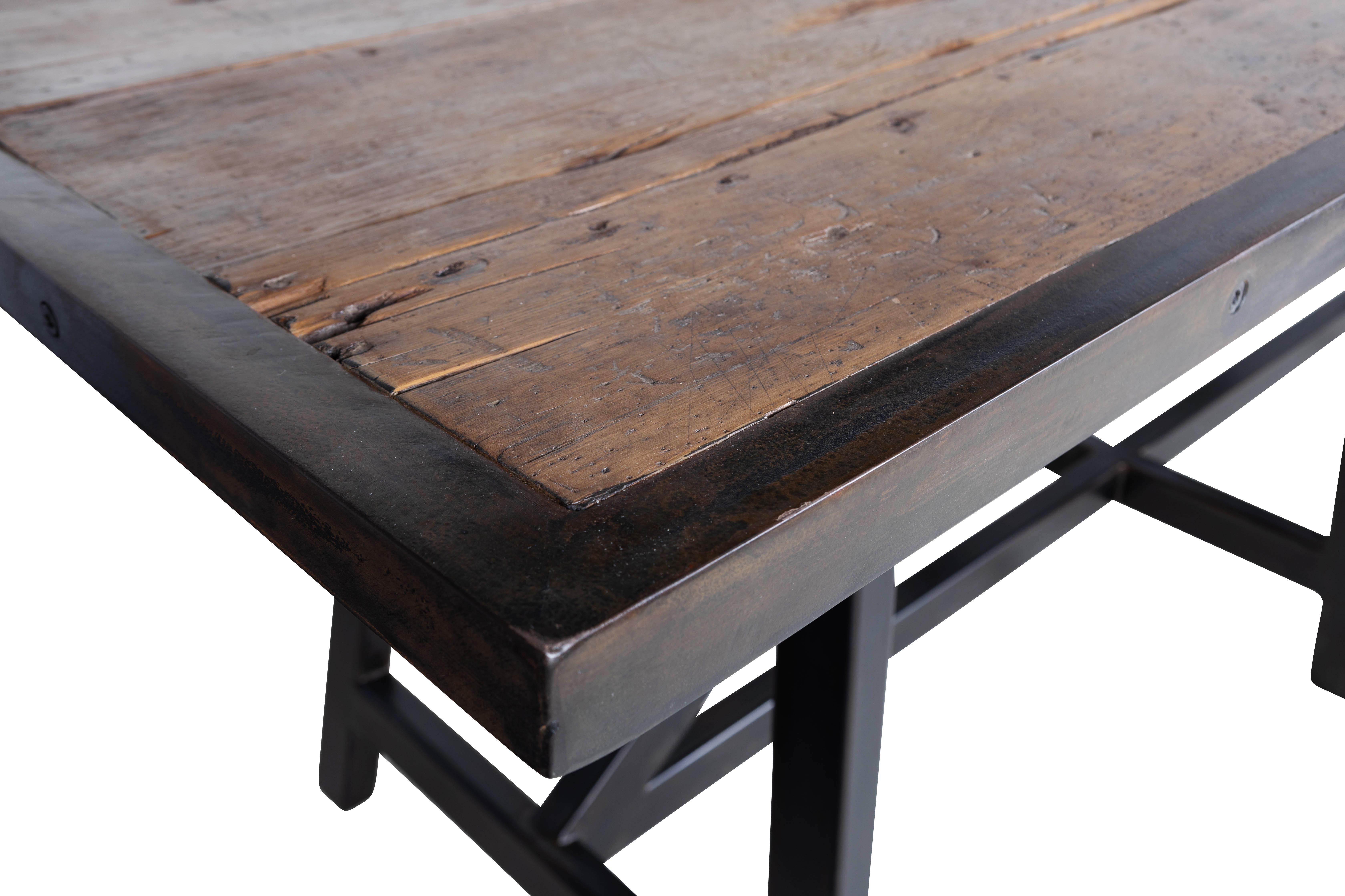 Patinated Bar Height Island Table, Vintage Elm Steel Framed Top, Ebony Patina Angle Base For Sale