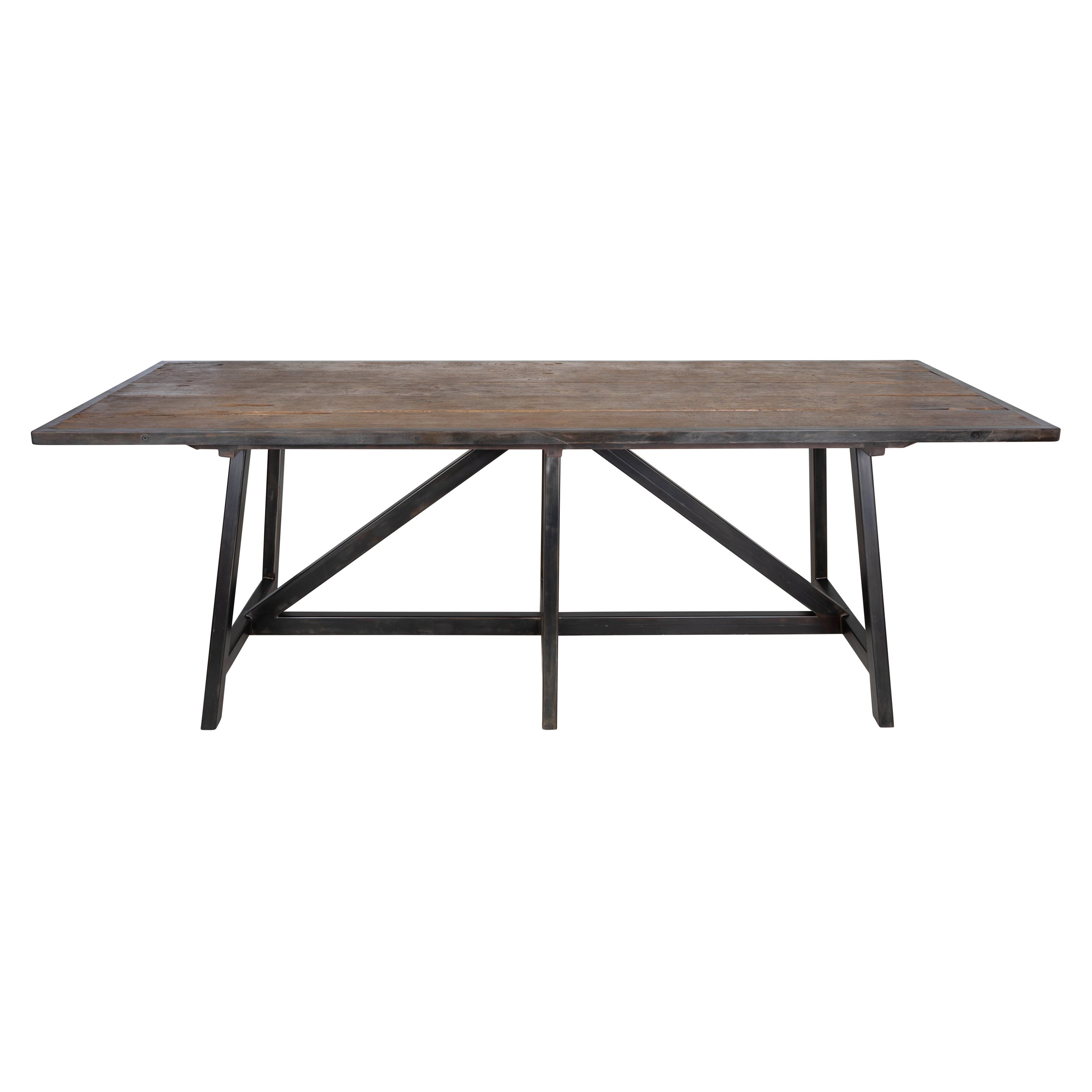 Mesa isleta altura barra, tablero con marco de acero olmo vintage, base angular pátina ébano