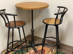 Bar or Patio Table with 2 Bar Height Chairs, Teakwood Table Top, Solid Iron Base