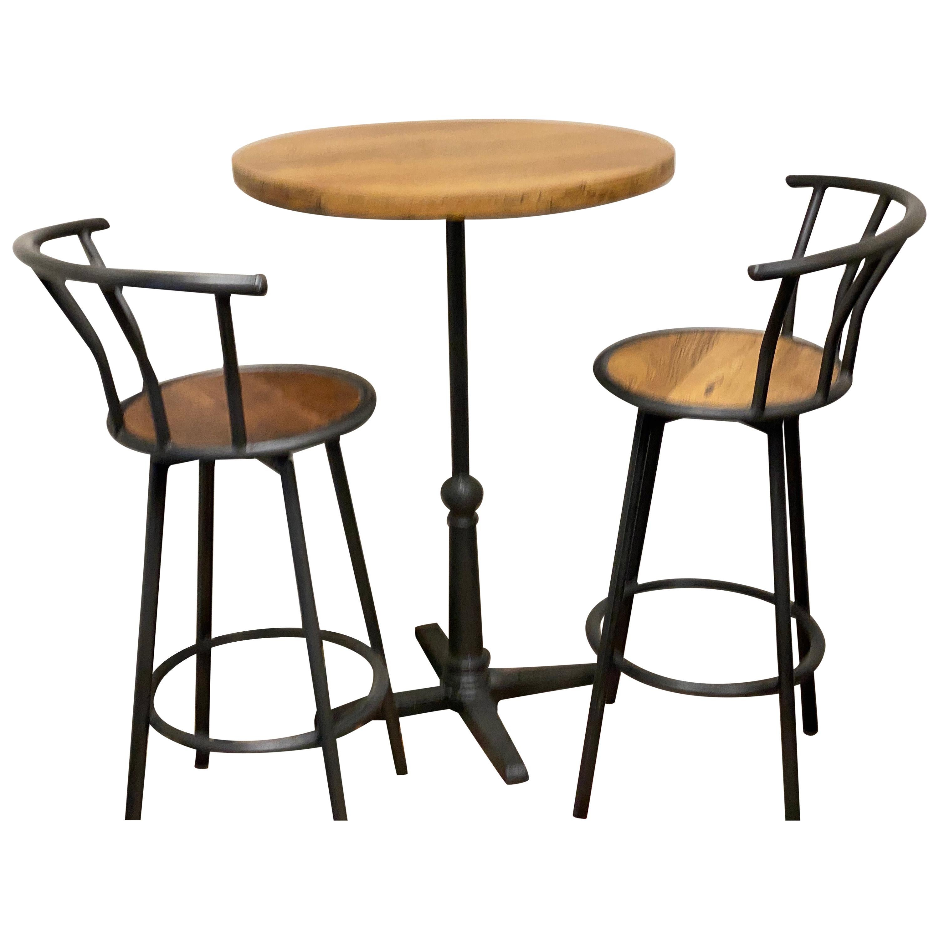Bar or Patio Table with 2 Bar Height Chairs, Teakwood Table Top, Solid Iron Base For Sale