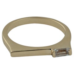 BAR Ring Solid 14k Yellow Gold Baguette Cut White Topaz Gemstone Jewelry Ring