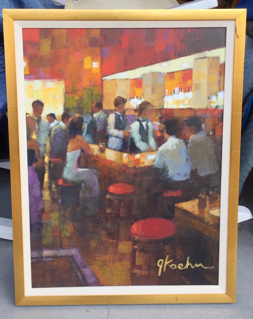 Original oil “bar scene” piece by American artist Jeff Koehn. Talented artist with formal art education from the Art Institute of Colorado with works in galleries thru the United States. Particular to this painting in style, the artist uses an
