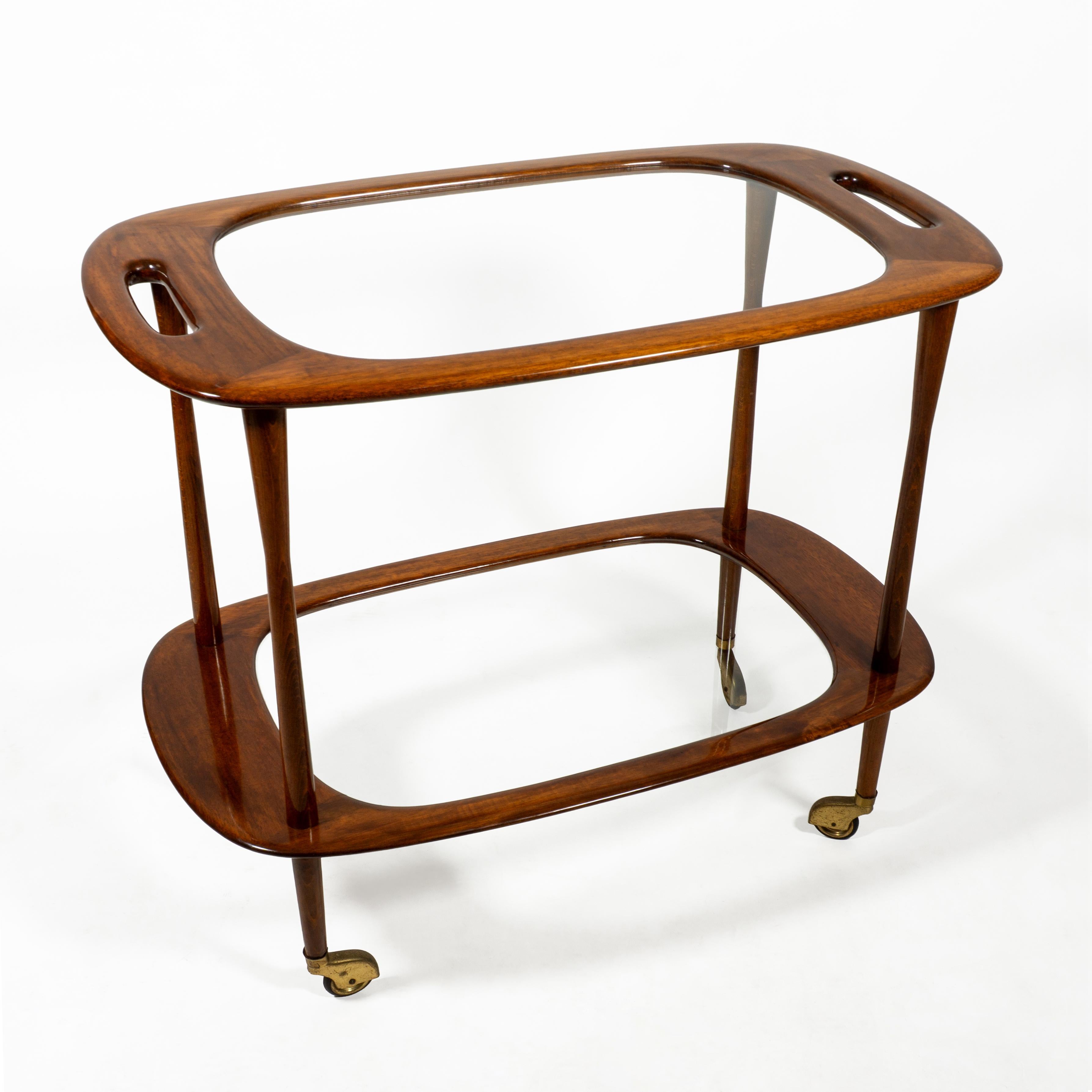 Laiton Chariot de service de bar en teck Milieu du siècle par Cesare Lacca pour Cassina, Italie années 1950 en vente
