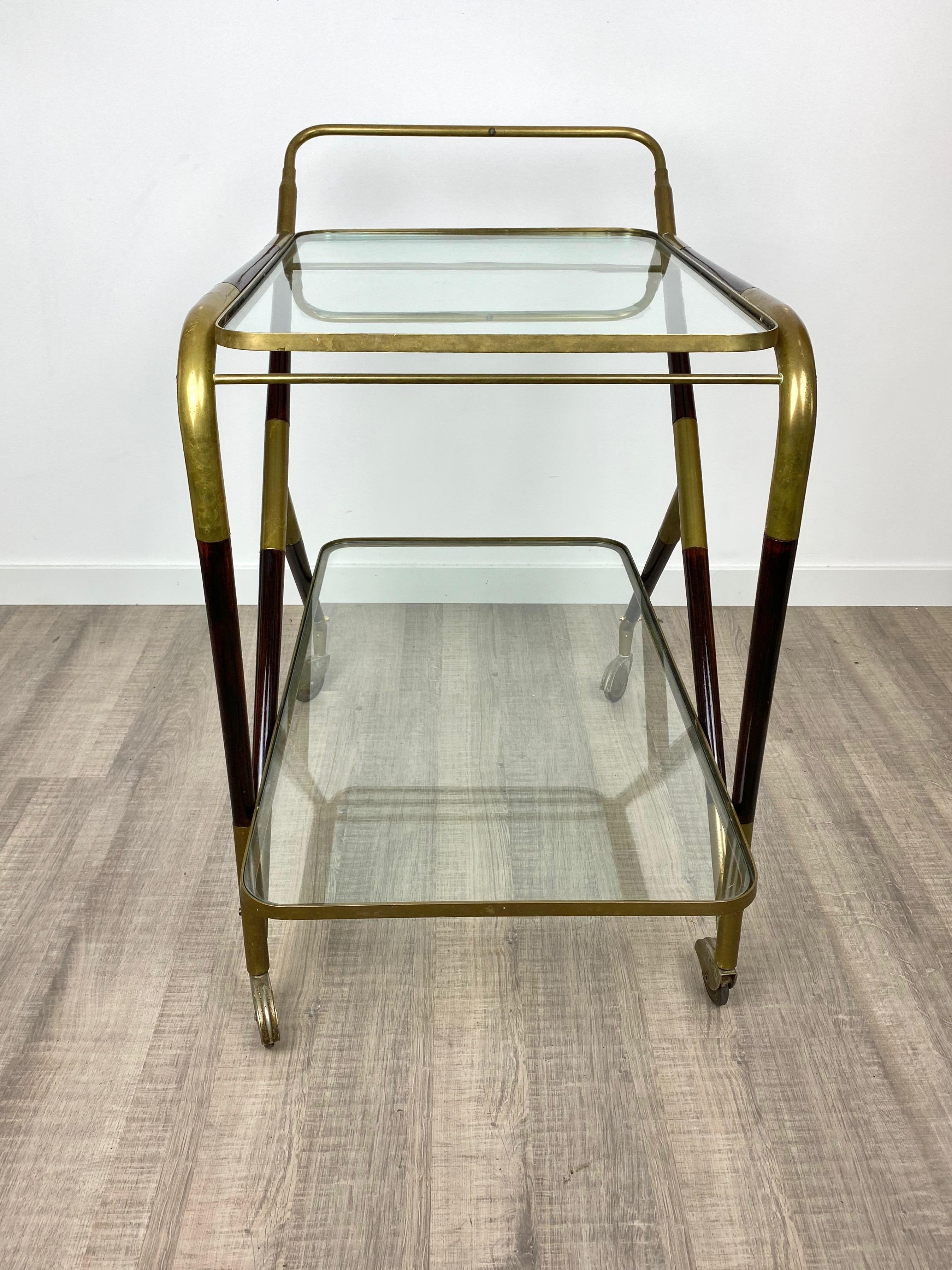 Bar Serving Cart Trolley by Cesare Lacca in Brass Mahogany and Glass Italy 1950s For Sale 3