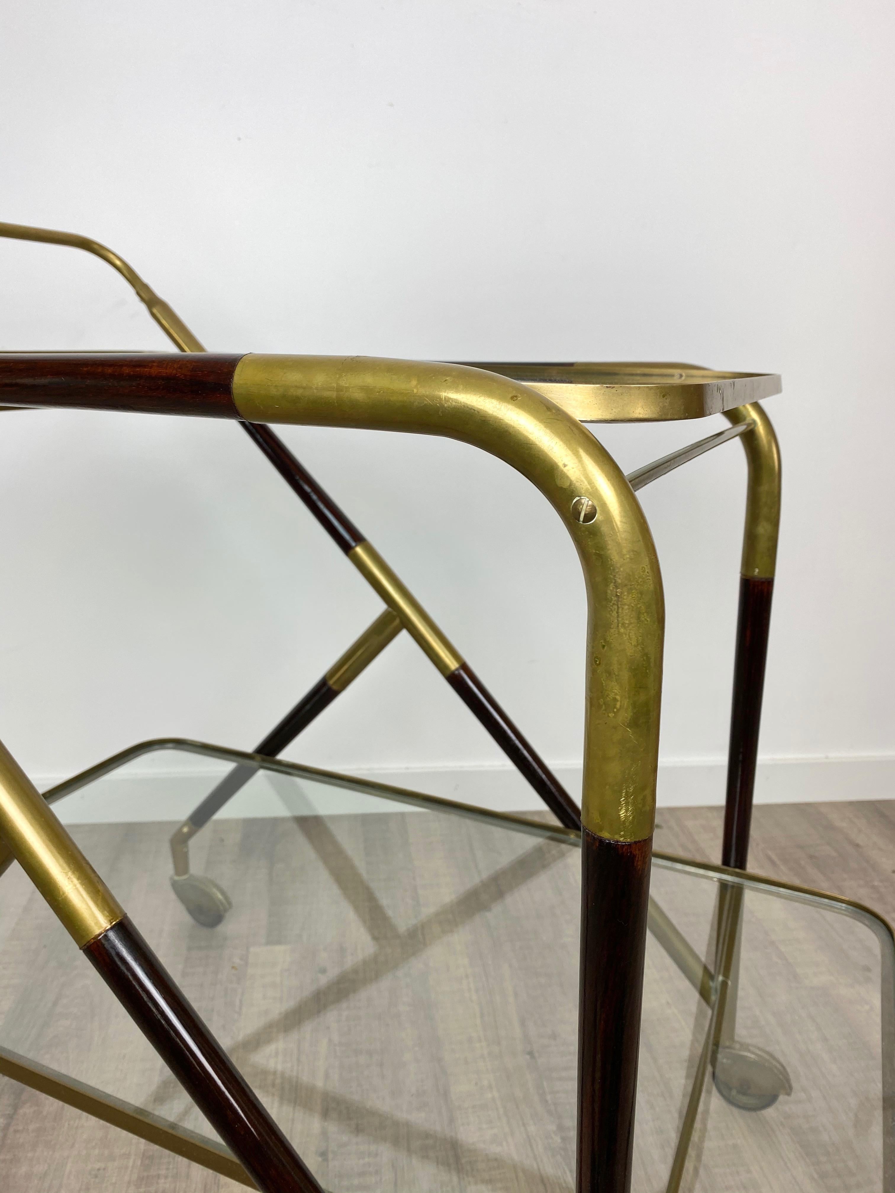 Bar Serving Cart Trolley by Cesare Lacca in Brass Mahogany and Glass Italy 1950s For Sale 4