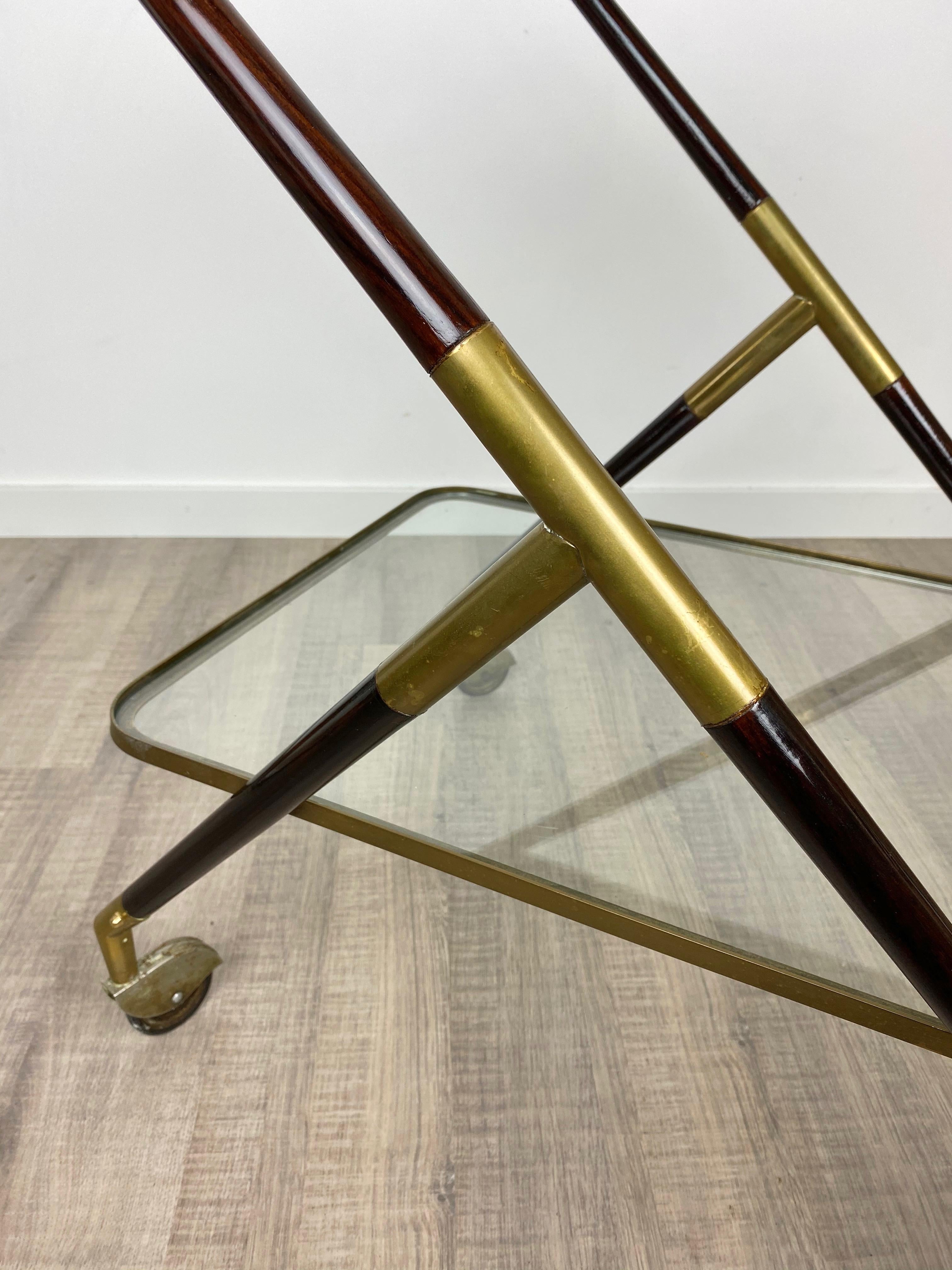 Bar Serving Cart Trolley by Cesare Lacca in Brass Mahogany and Glass Italy 1950s For Sale 5