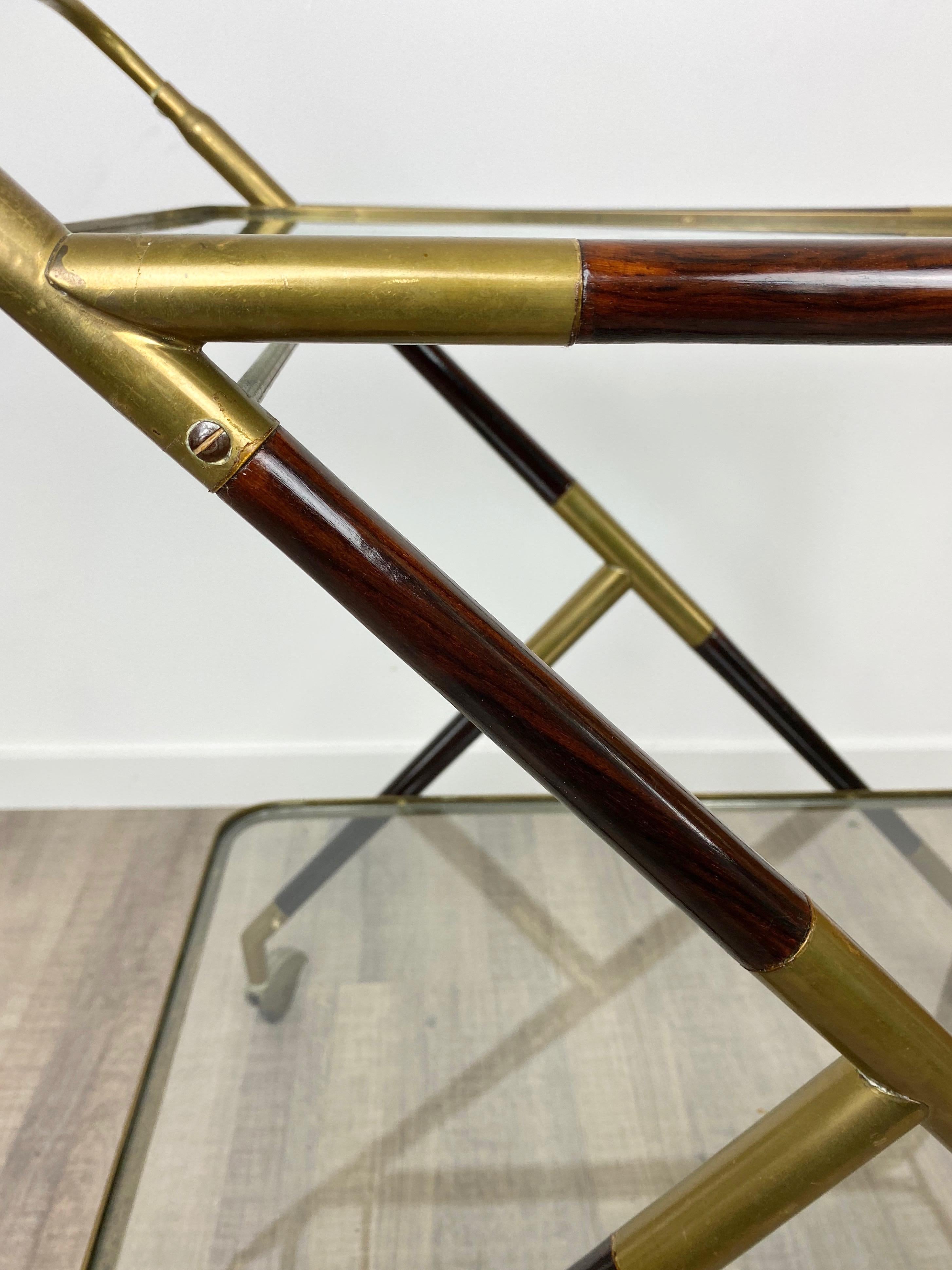 Bar Serving Cart Trolley by Cesare Lacca in Brass Mahogany and Glass Italy 1950s For Sale 6