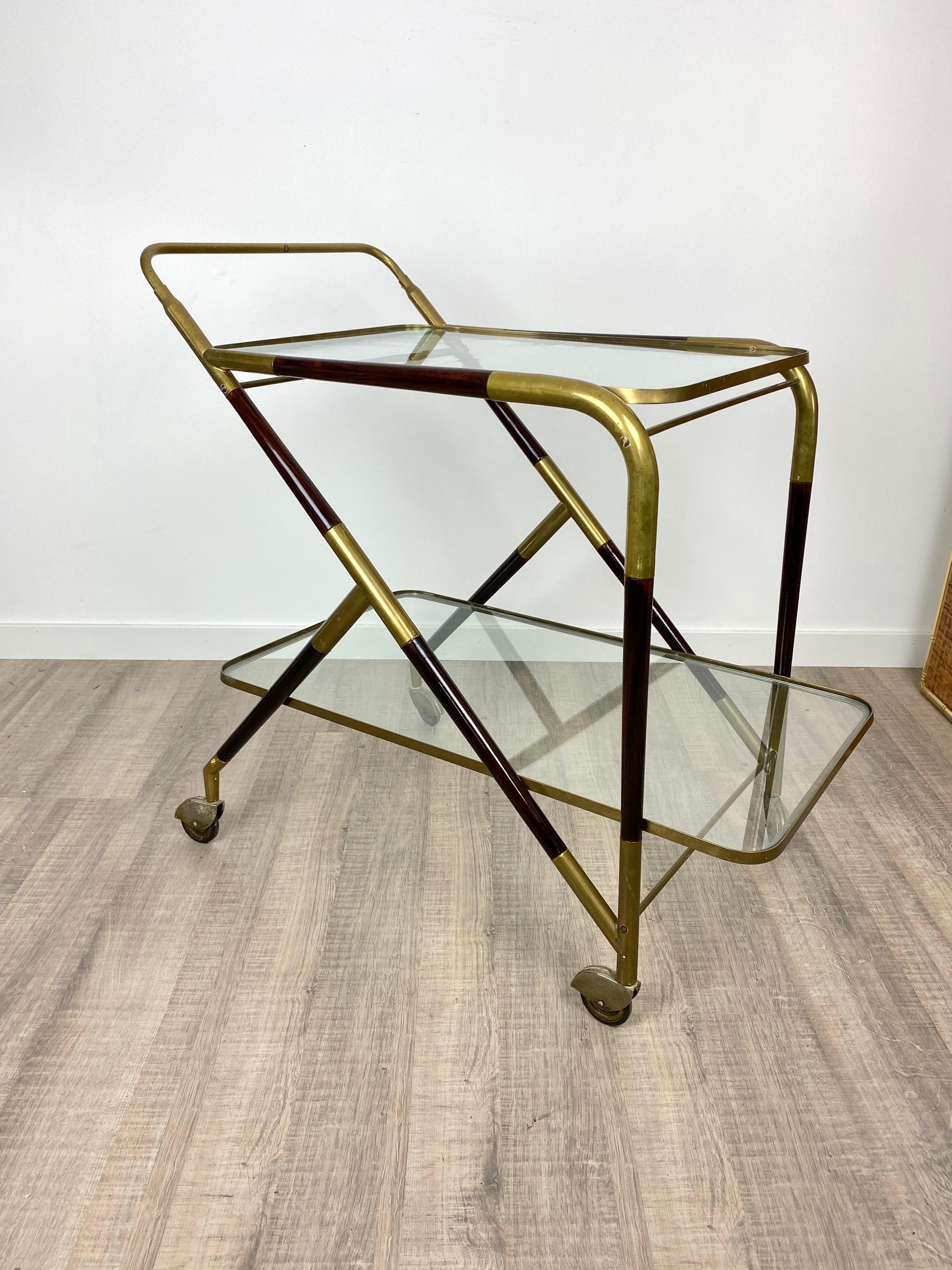 Mid-Century Modern Bar Serving Cart Trolley by Cesare Lacca in Brass Mahogany and Glass Italy 1950s For Sale