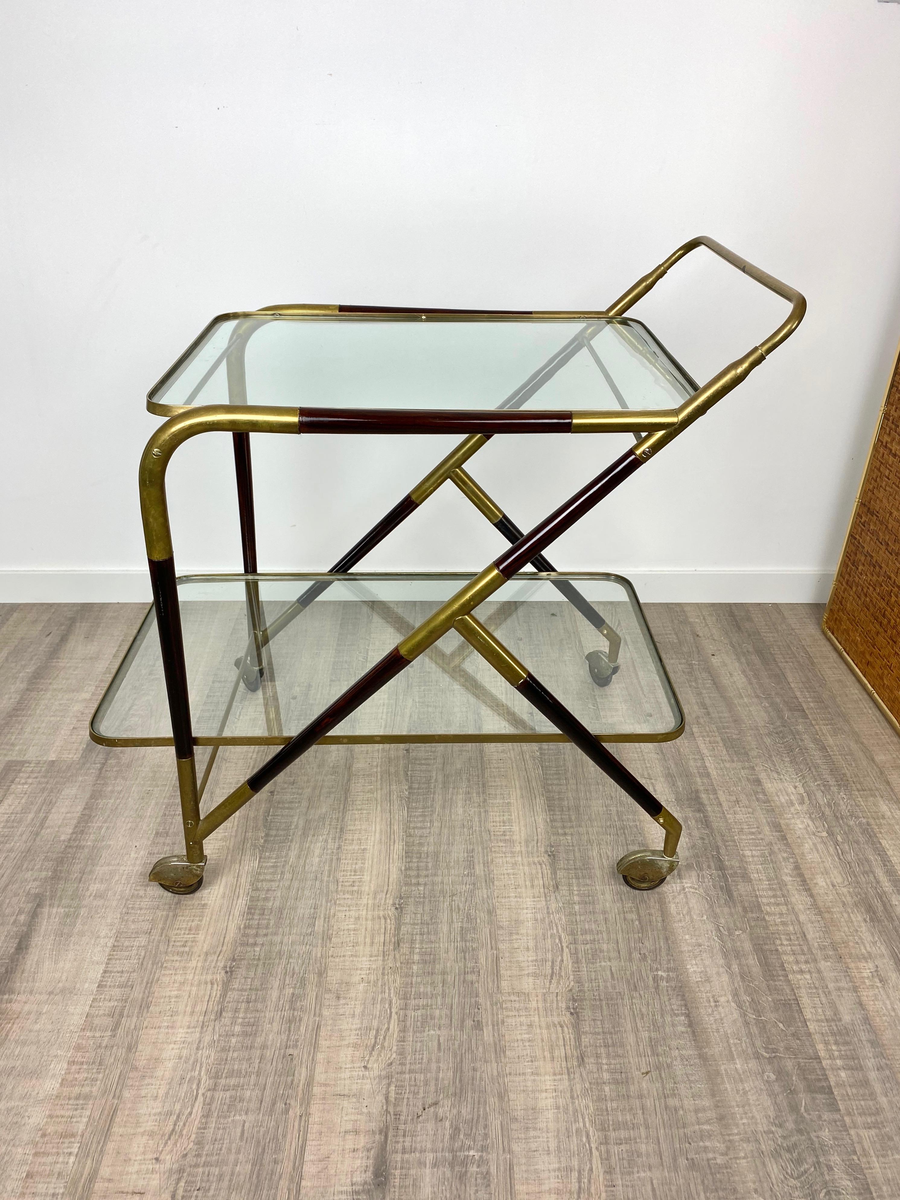 Italian Bar Serving Cart Trolley by Cesare Lacca in Brass Mahogany and Glass Italy 1950s For Sale