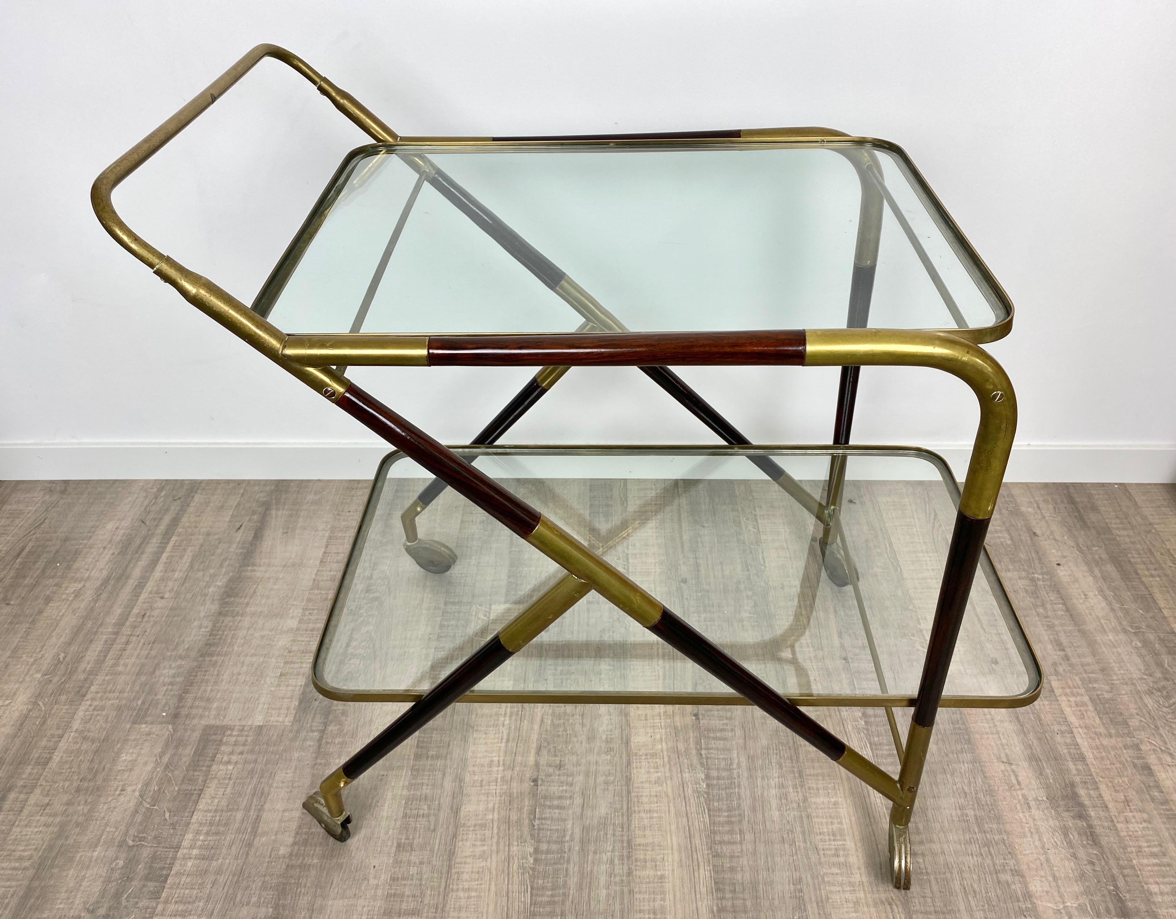 Mid-20th Century Bar Serving Cart Trolley by Cesare Lacca in Brass Mahogany and Glass Italy 1950s For Sale