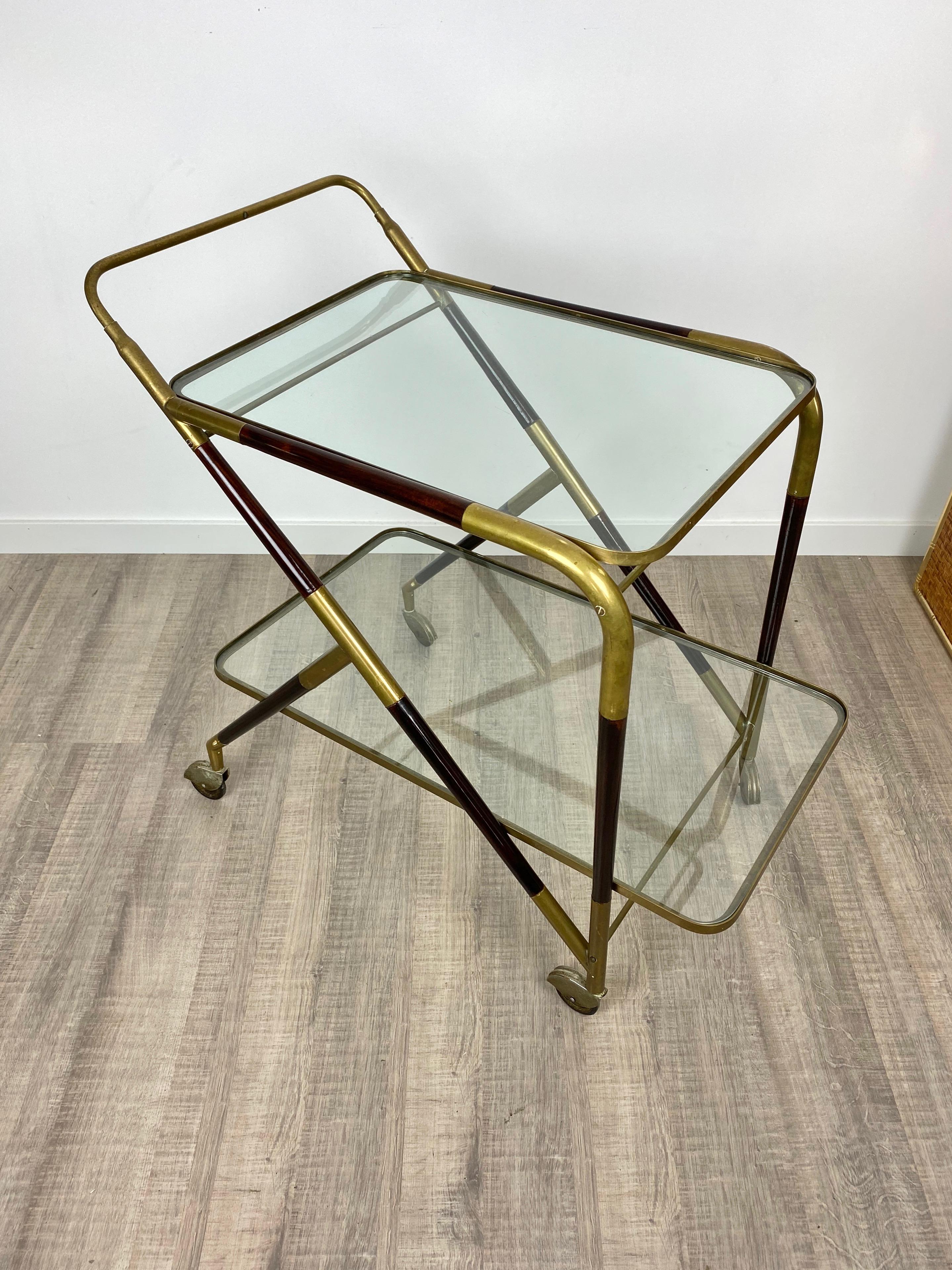 Wood Bar Serving Cart Trolley by Cesare Lacca in Brass Mahogany and Glass Italy 1950s For Sale