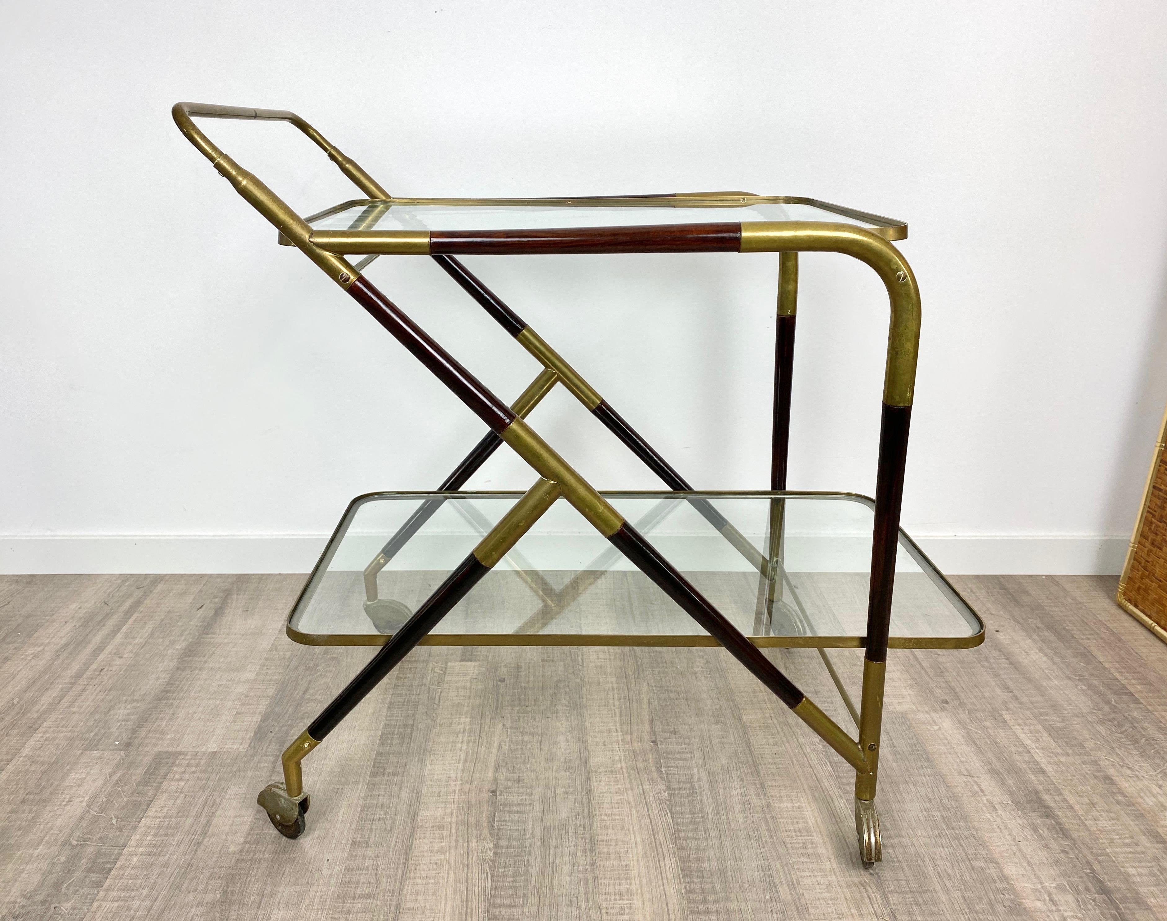 Bar Serving Cart Trolley by Cesare Lacca in Brass Mahogany and Glass Italy 1950s For Sale 1