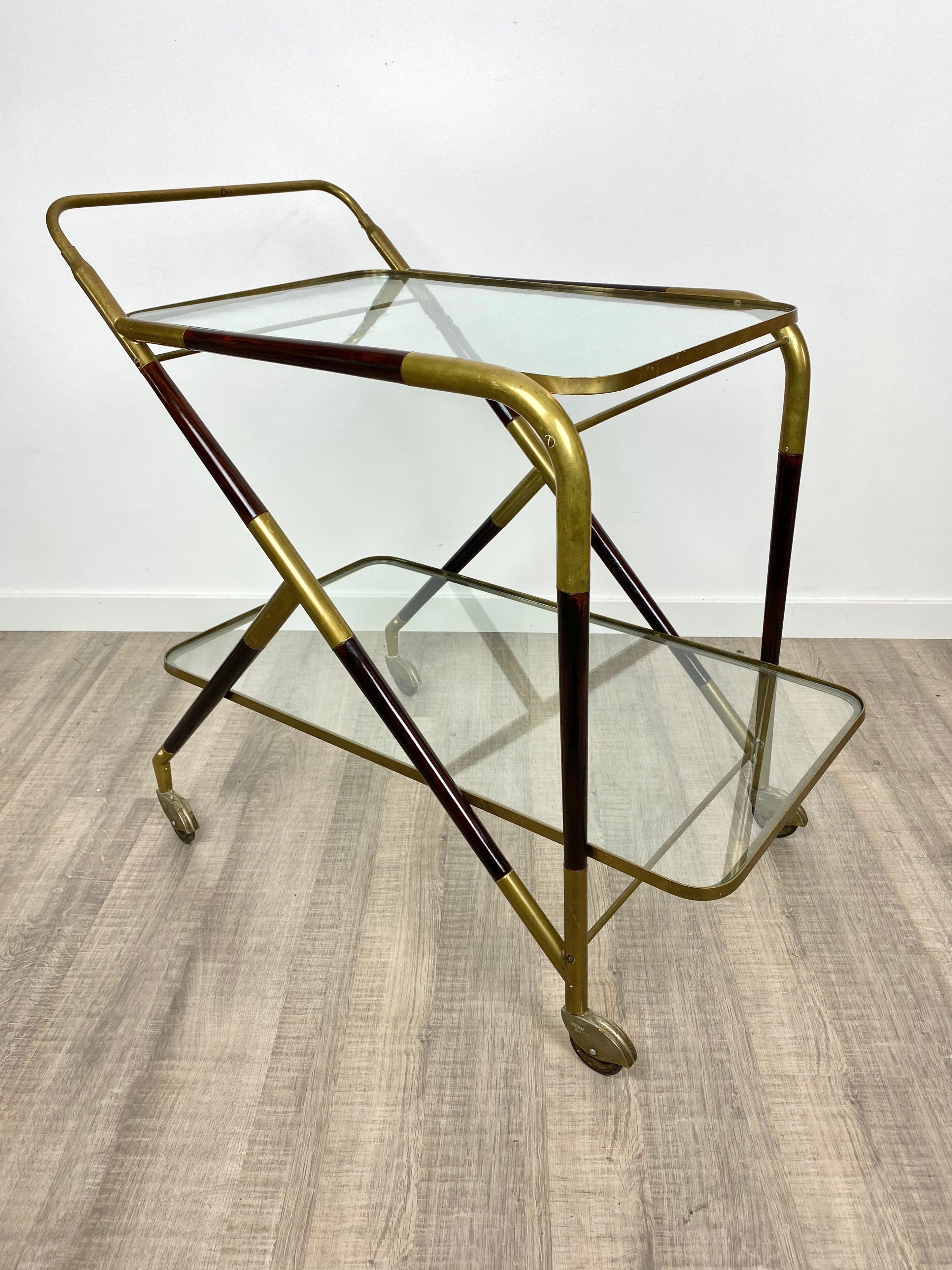 Bar Serving Cart Trolley by Cesare Lacca in Brass Mahogany and Glass Italy 1950s For Sale 2
