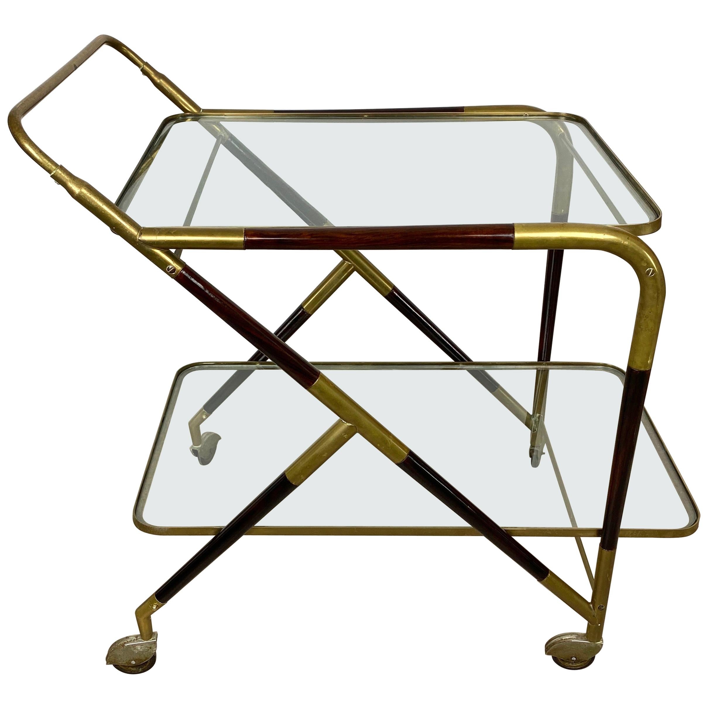 Bar Serving Cart Trolley by Cesare Lacca in Brass Mahogany and Glass Italy 1950s For Sale