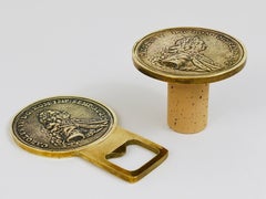 Carl Aubock Bar Set Brass Coin Bottle Opener and Bottle Stopper, Austria, 1950s