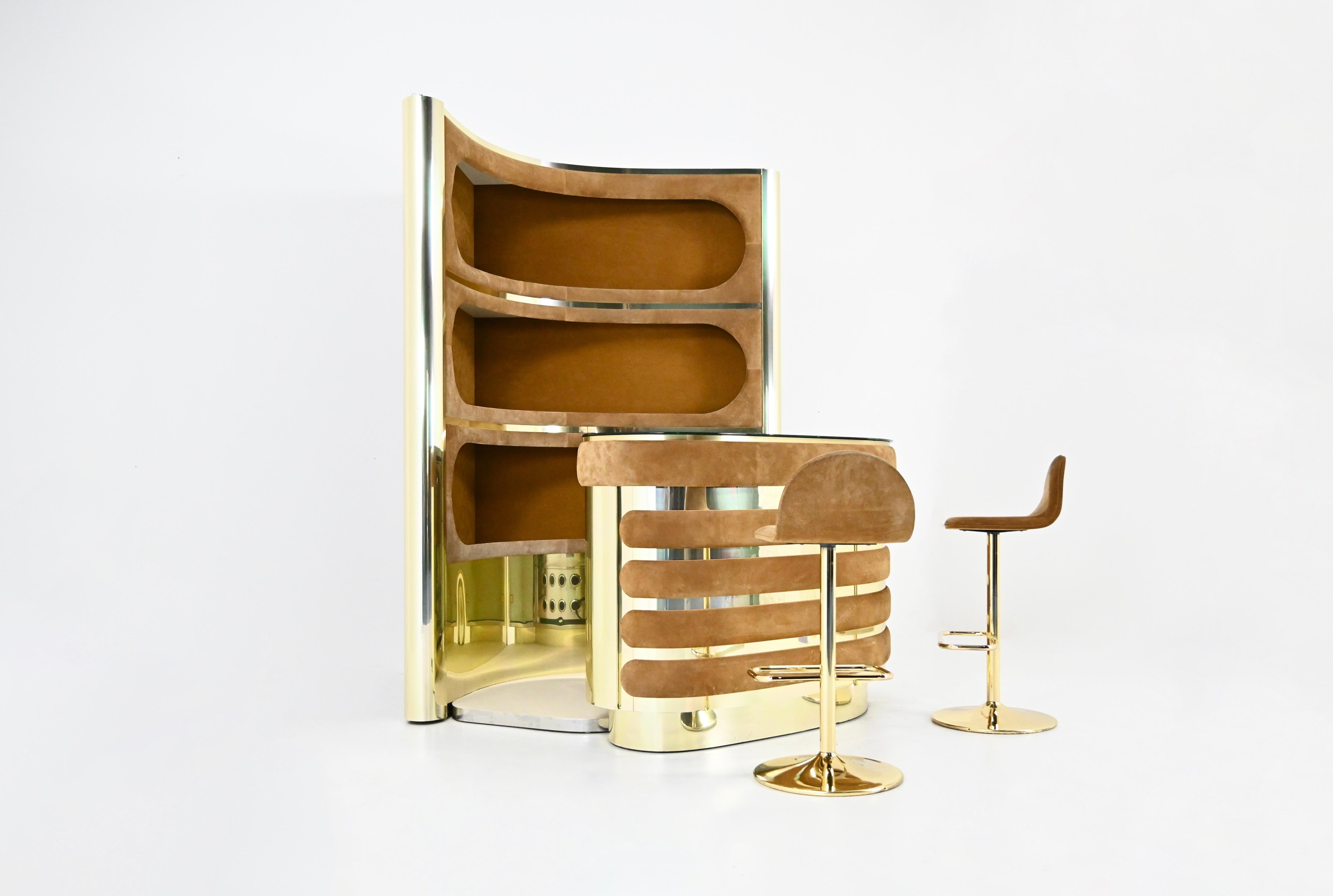 Mid-Century Modern Bar set with 2 stools attributed to Willy Rizzo, 1970s For Sale