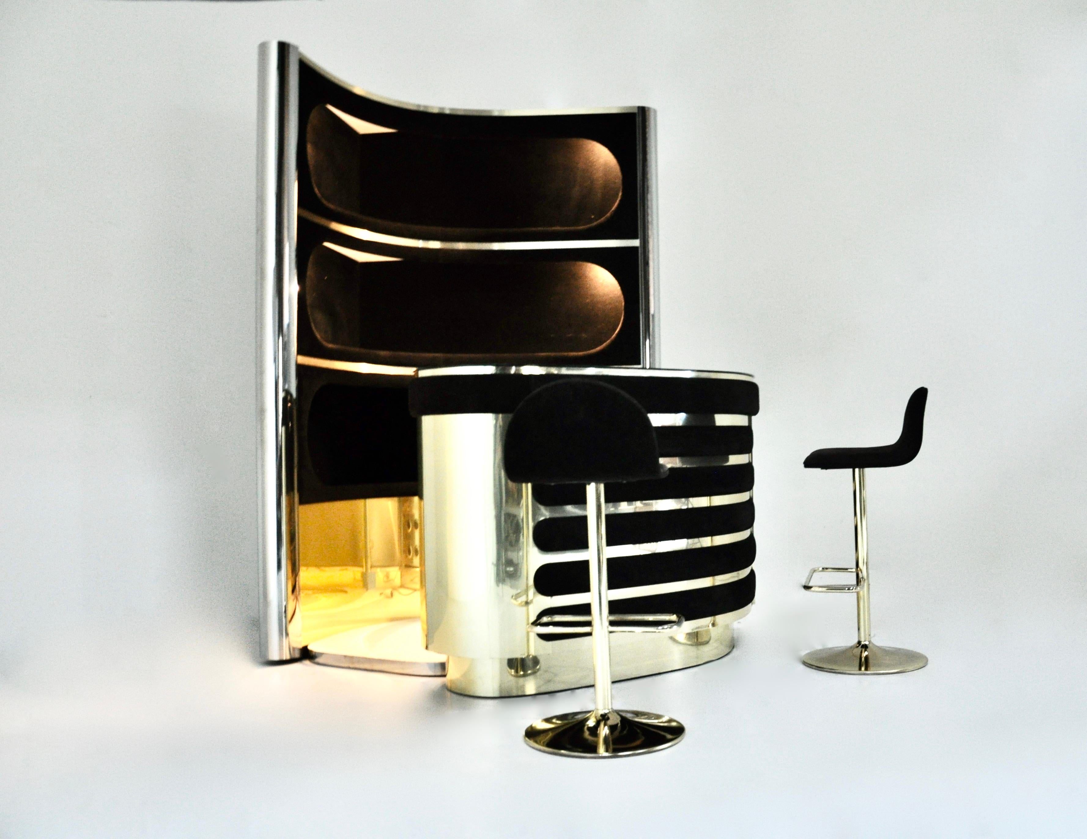 Italian Bar set with 2 stools in the style of Willy Rizzo, 1970s For Sale