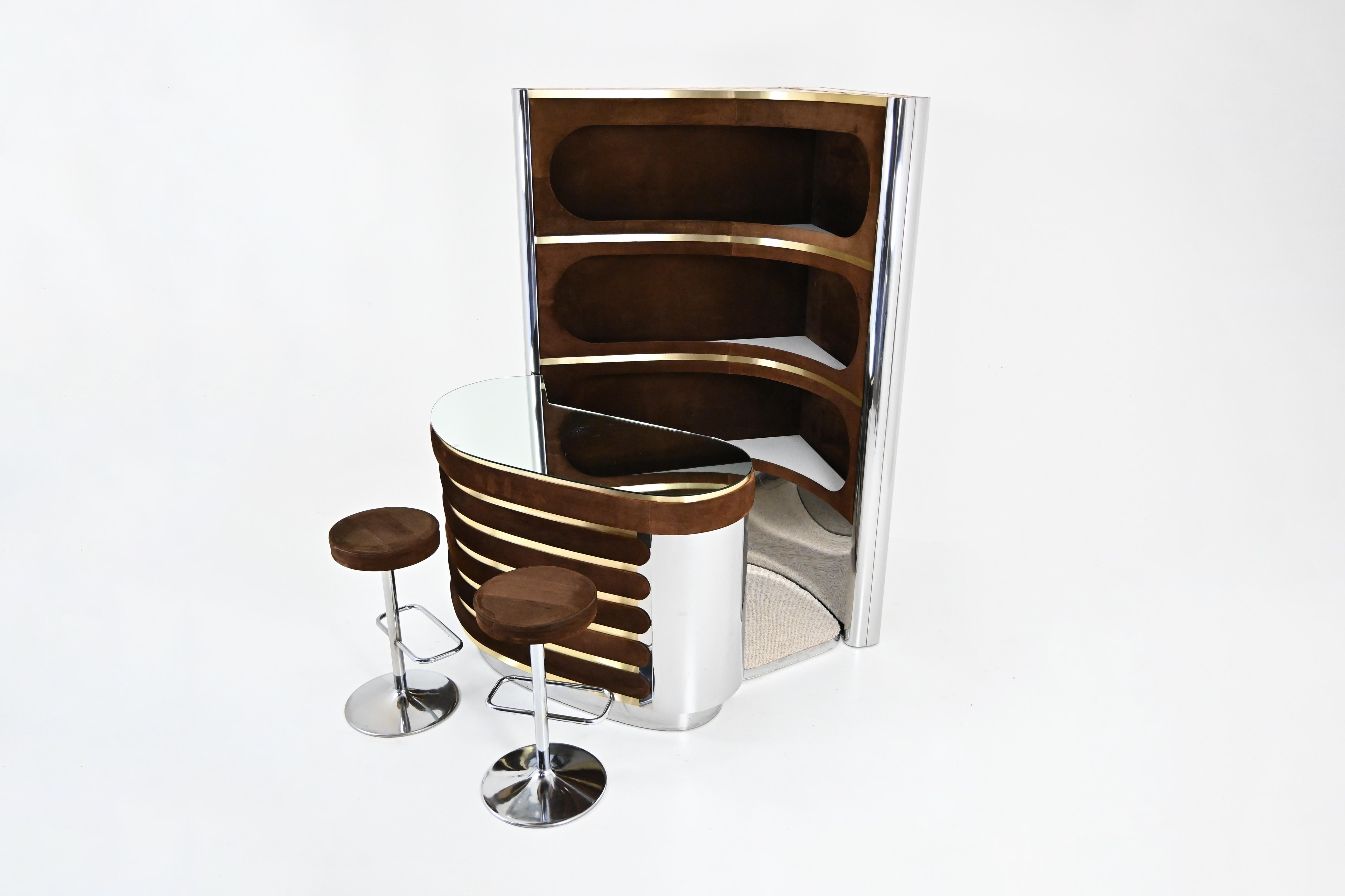Ensemble de bar avec 2 tabourets attribué à Willy Rizzo, 1970 en vente 1