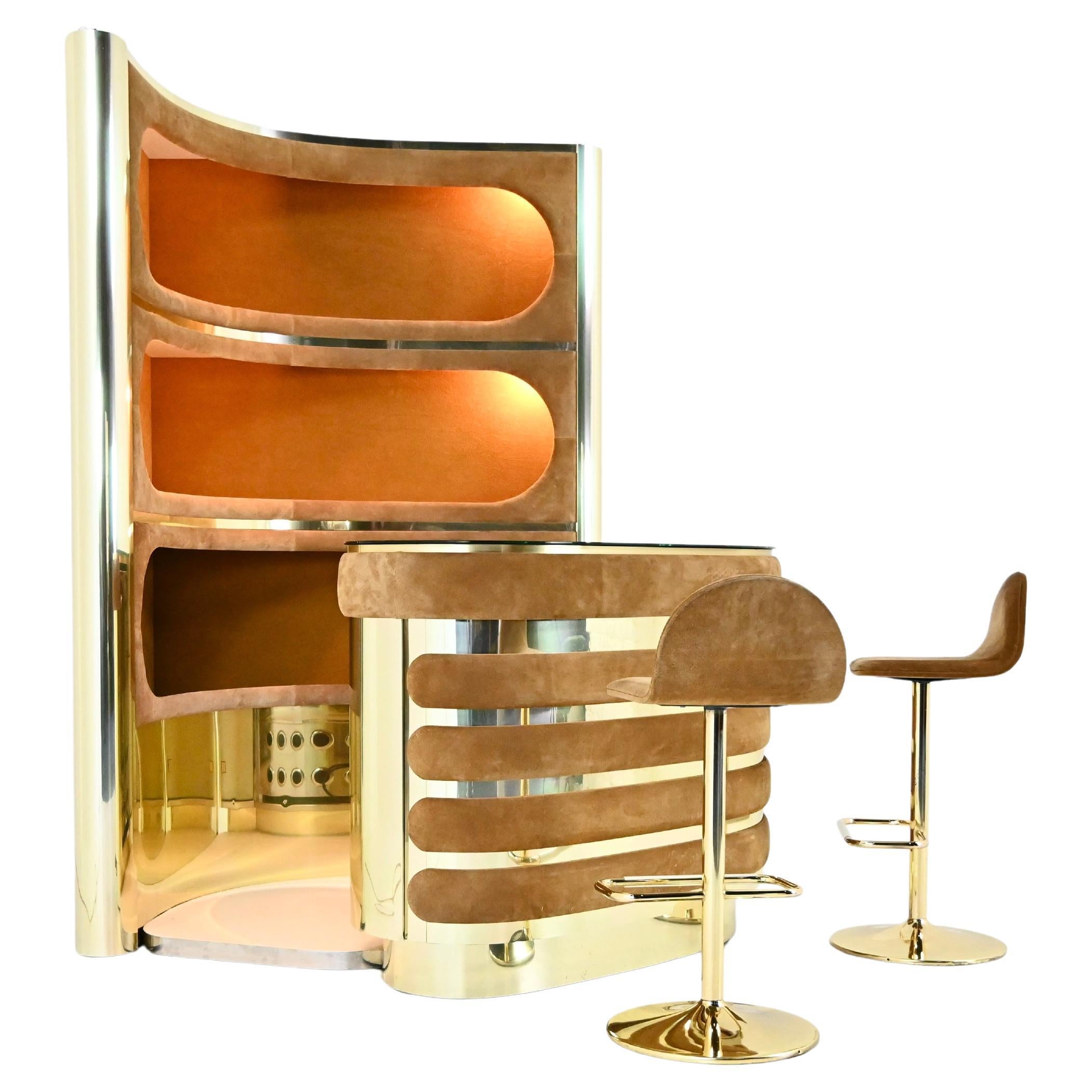 Bar set with 2 stools attributed to Willy Rizzo, 1970s For Sale