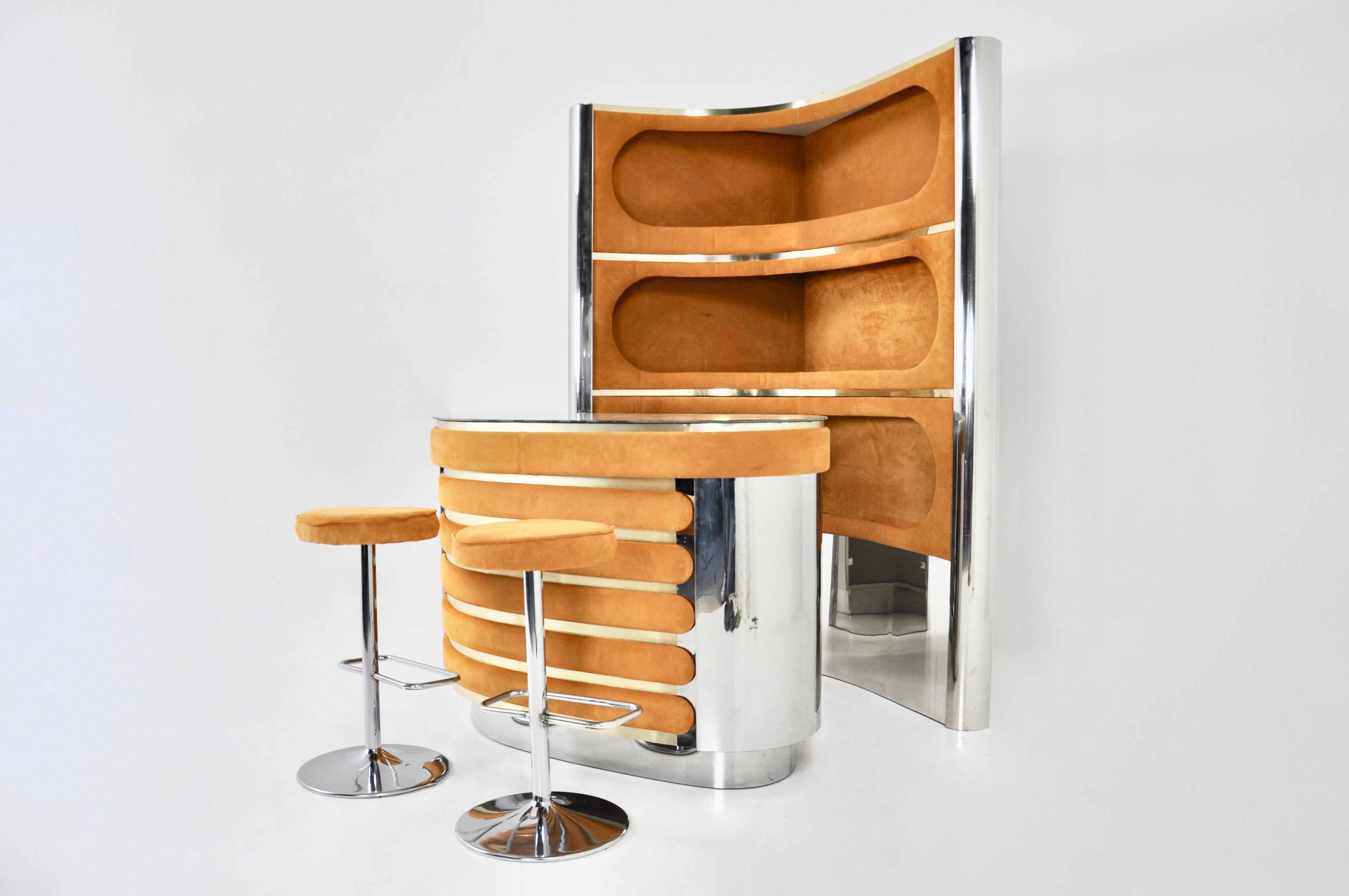 Metal Bar set with 2 stools in the style of Willy Rizzo, 1970s