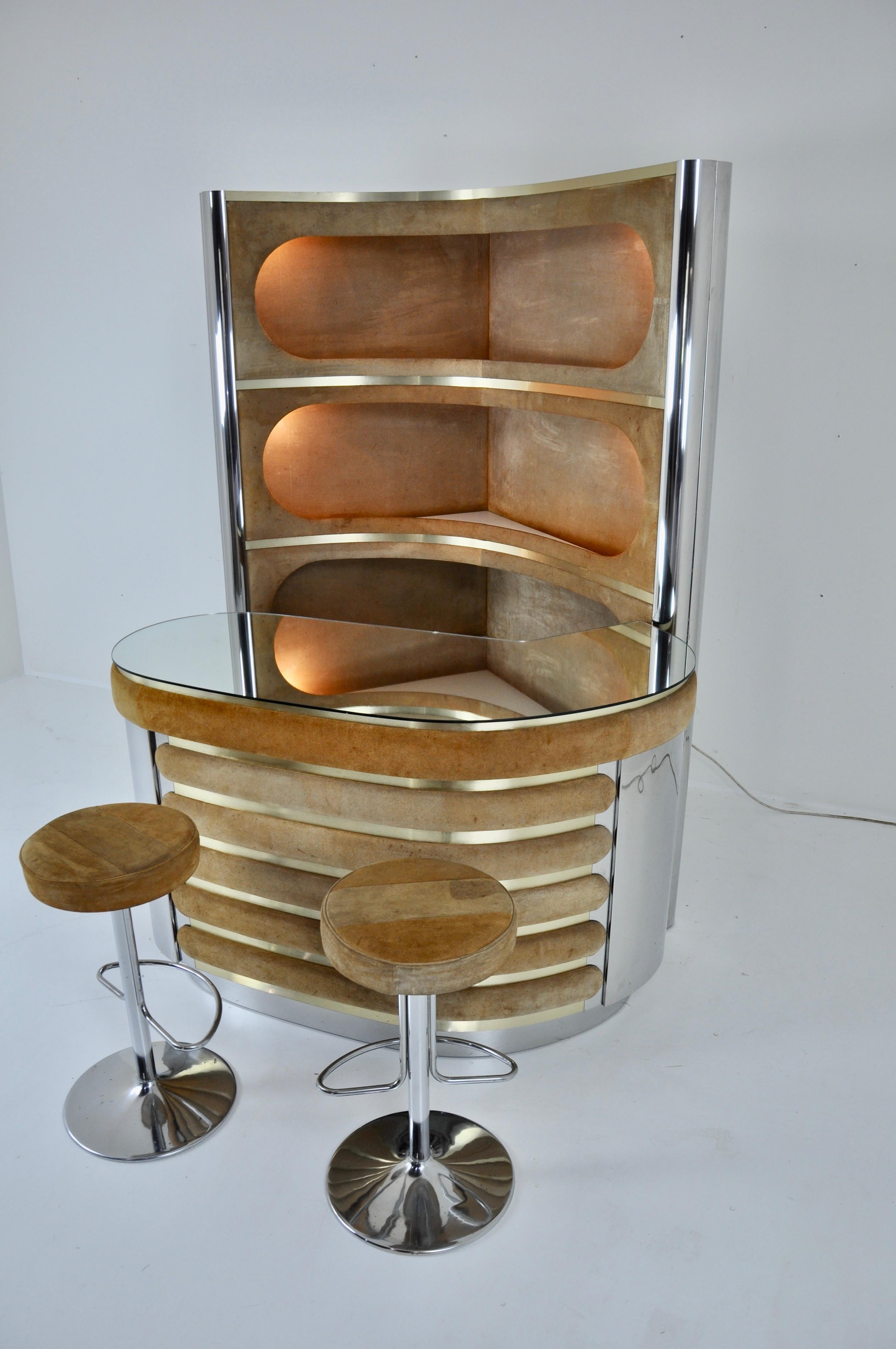 Bar set with 2 stools in the style of Willy Rizzo, 1970s 4