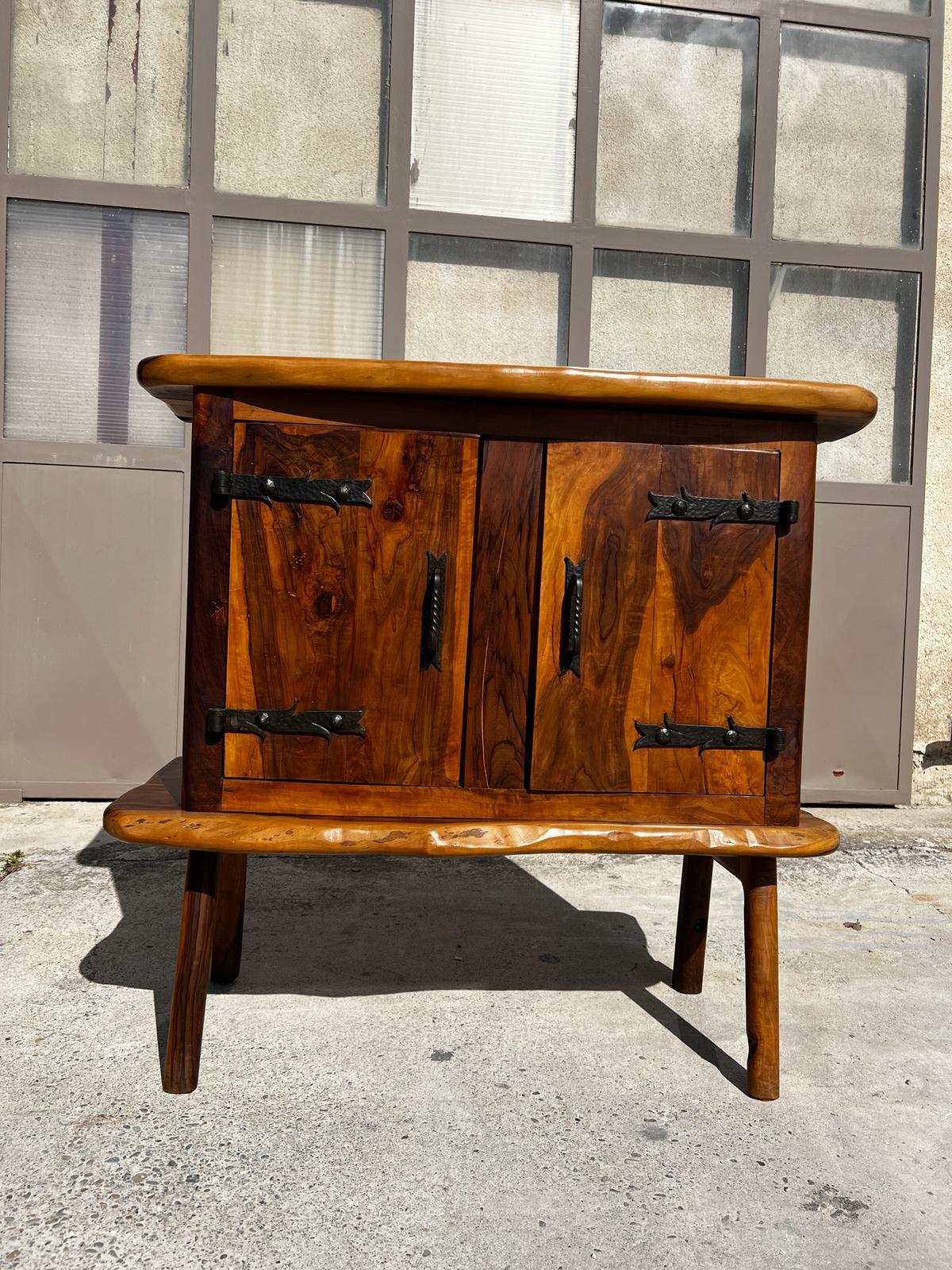 Brutalist Bar sideboard in solid olive wood by Maison Skela 1960 For Sale