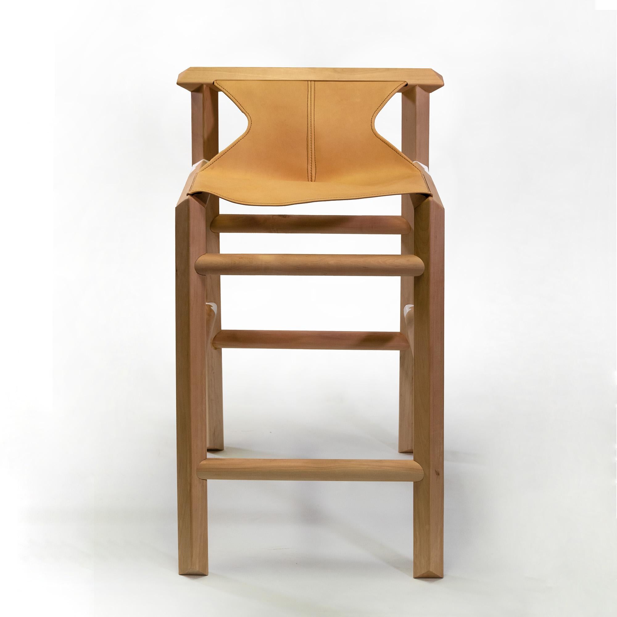 Minimalist Bar Stool in wood and leather from Patagonia For Sale