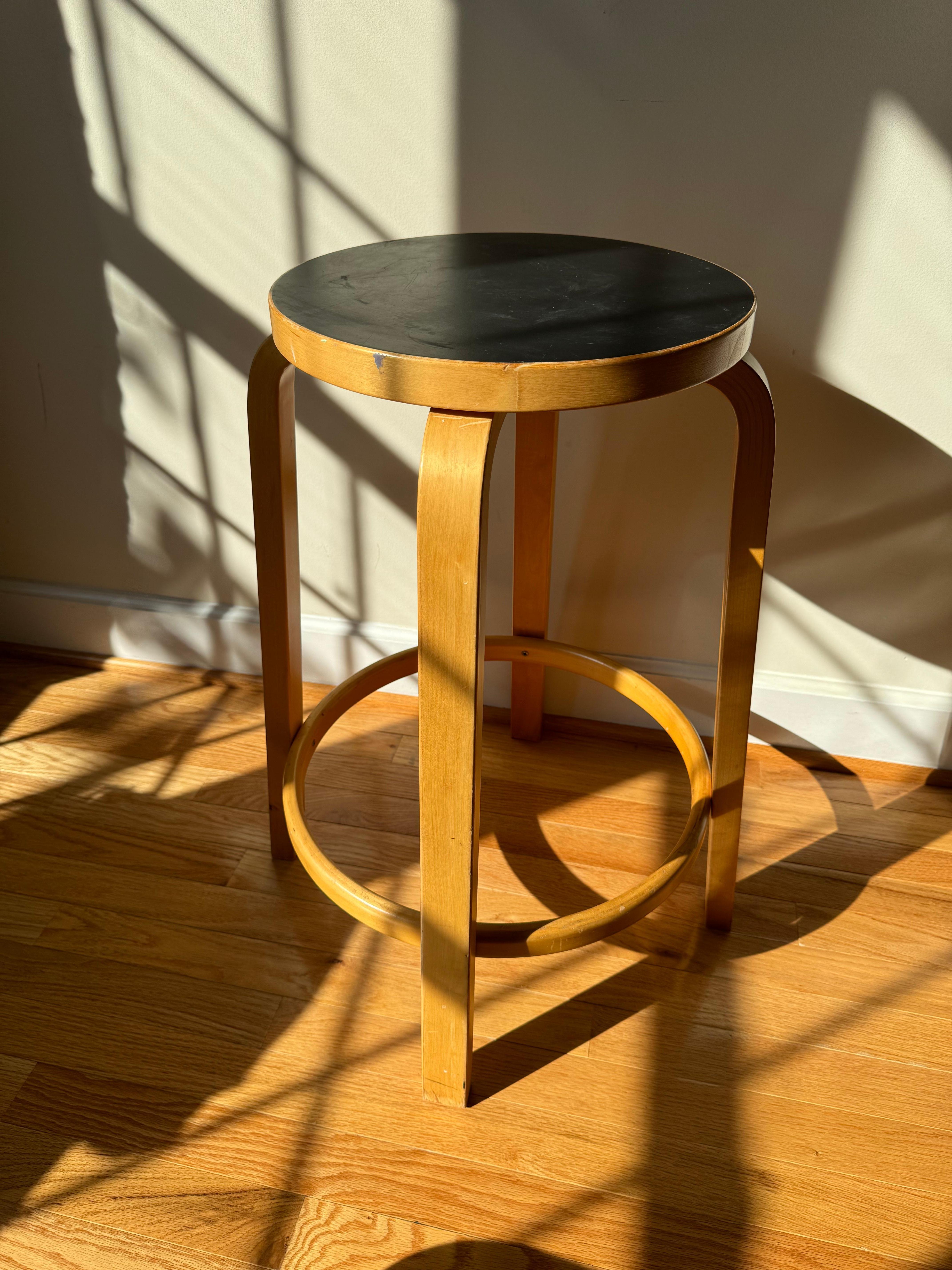 Finnish Bar Stool 64 by Alvar Aalto for Artek (Black Linoleum seat)