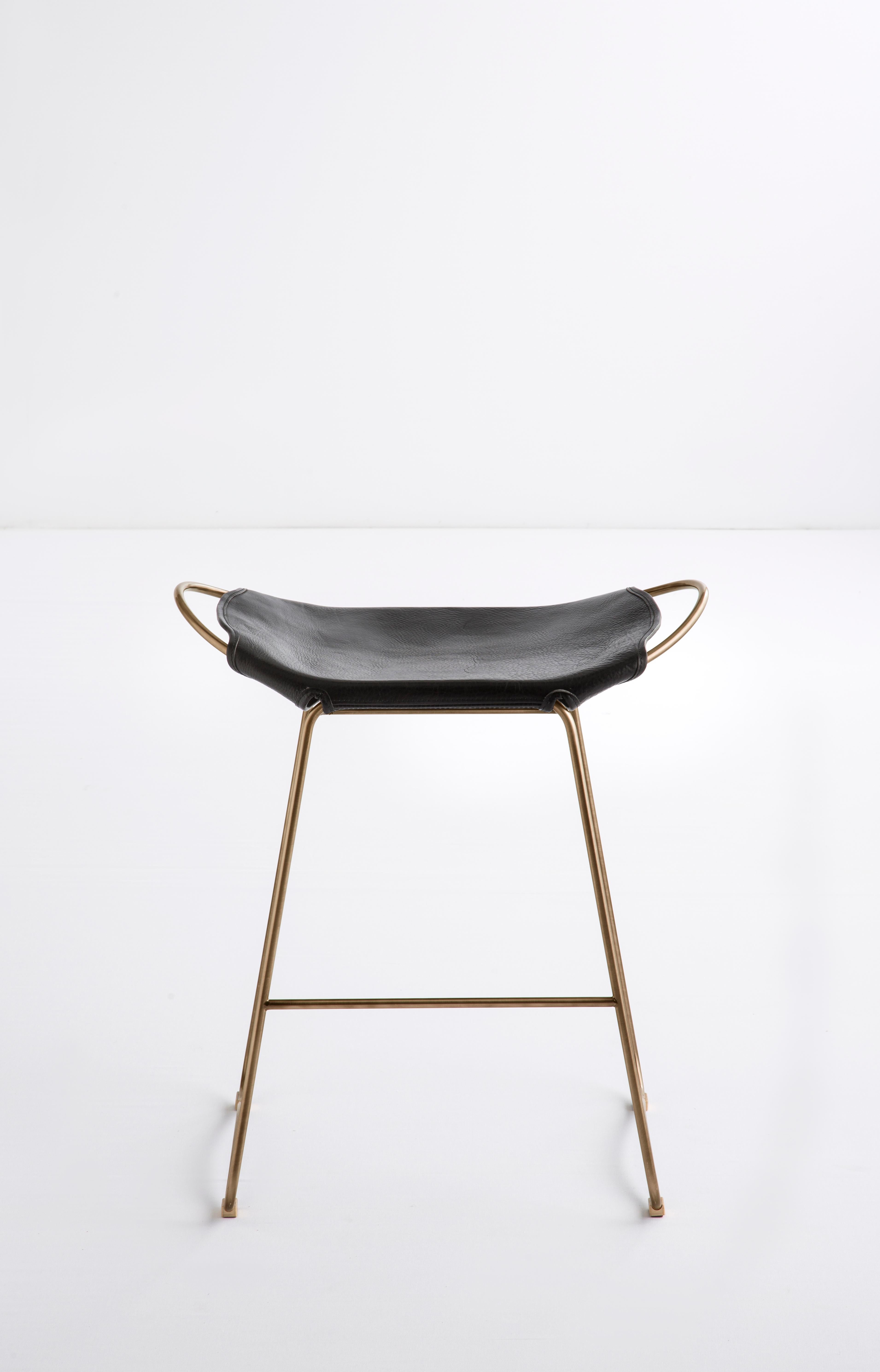 Modern Contemporary Sculptural Organic Bar Stool, Aged Brass Metal & Black Leather For Sale