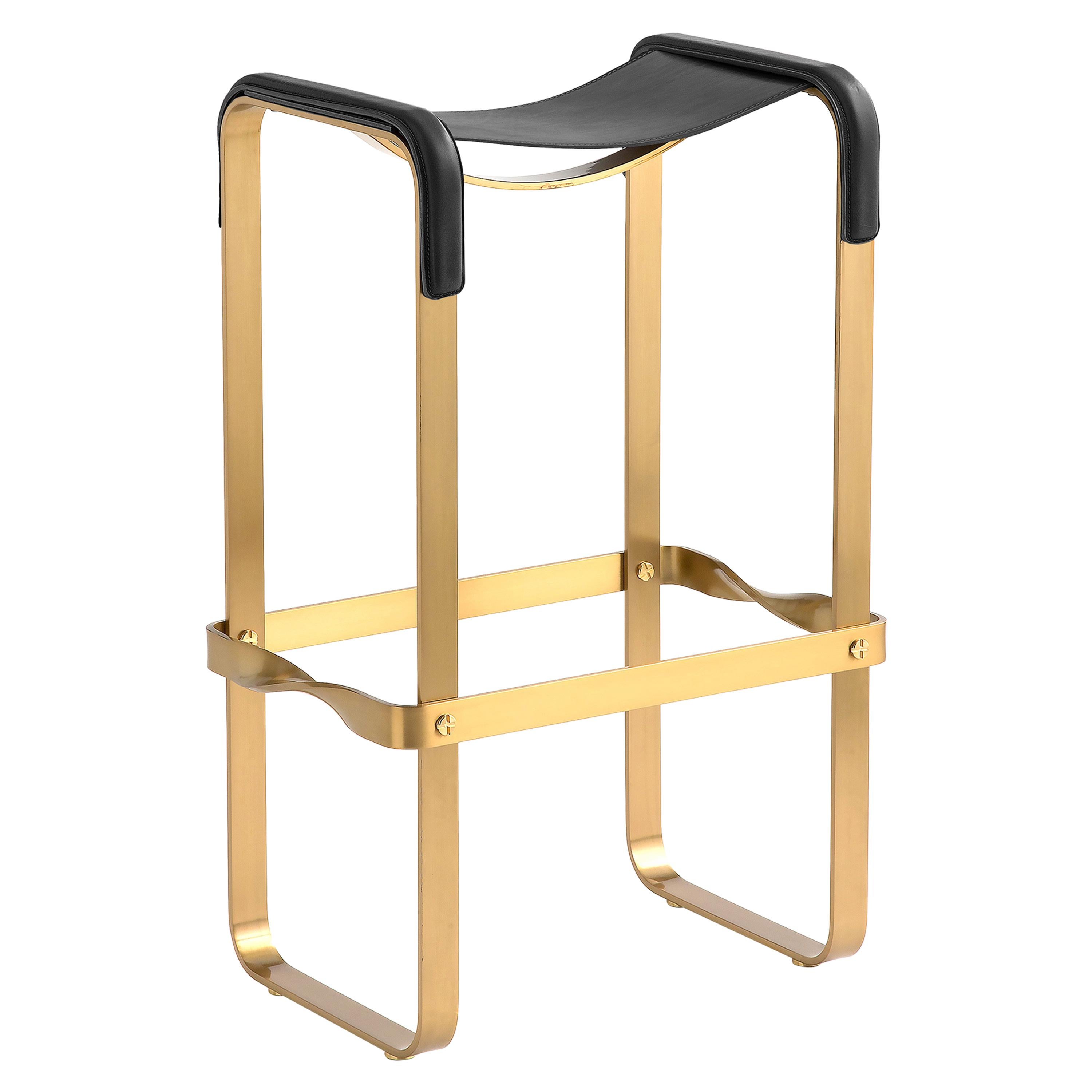 Classic Contemporary Bar Stool Aged Brass Metal Finish & Black Leather