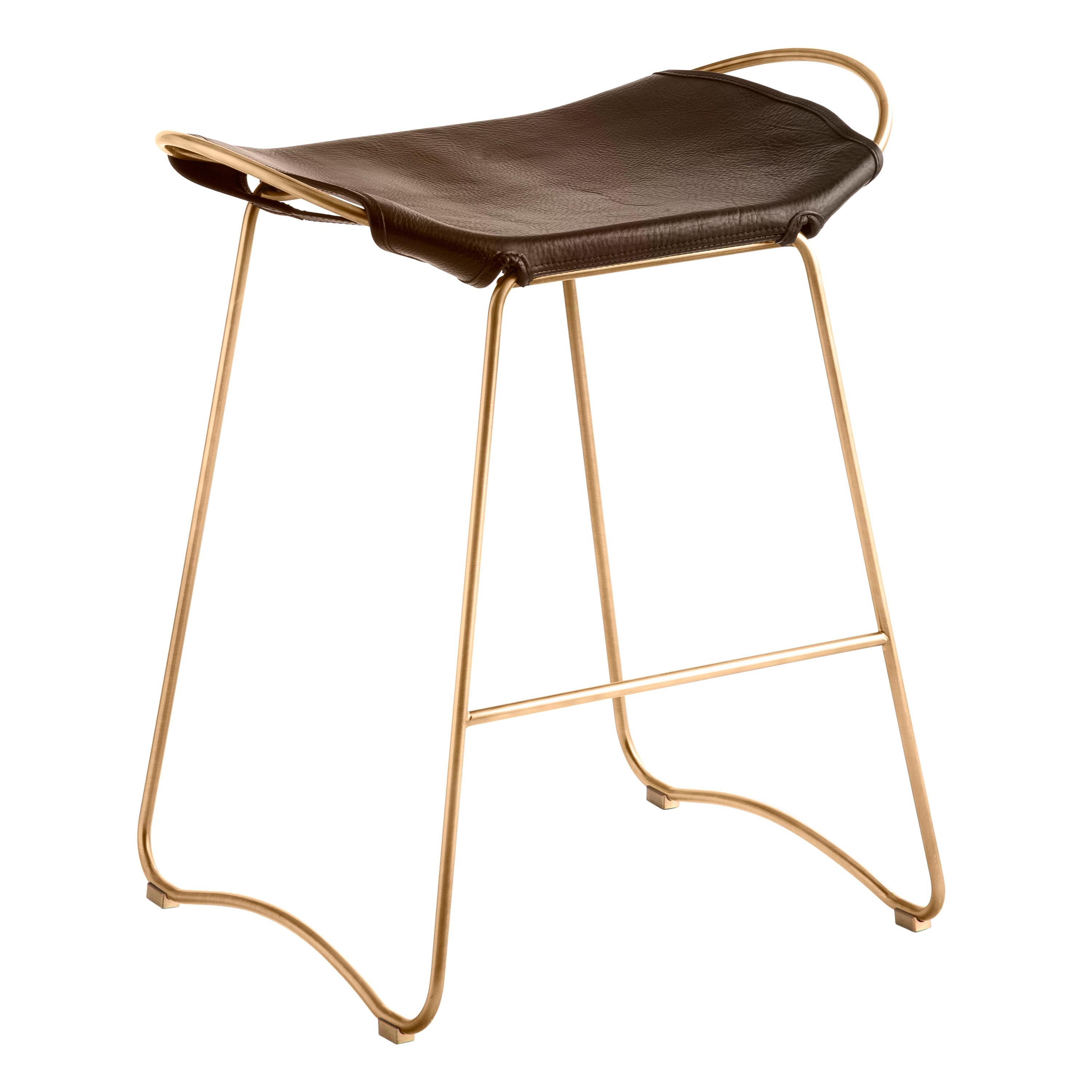 Sculptural Contemporary Bar Stool Aged Brass Metal & Dark Brown Leather For Sale