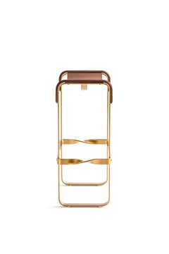 Bar Stool Aged Brass Steel and Dark Brown Saddle Leather, Contemporary Style