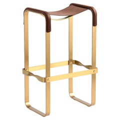 Bar Stool Aged Brass Steel and Dark Brown Saddle Leather, Contemporary Style