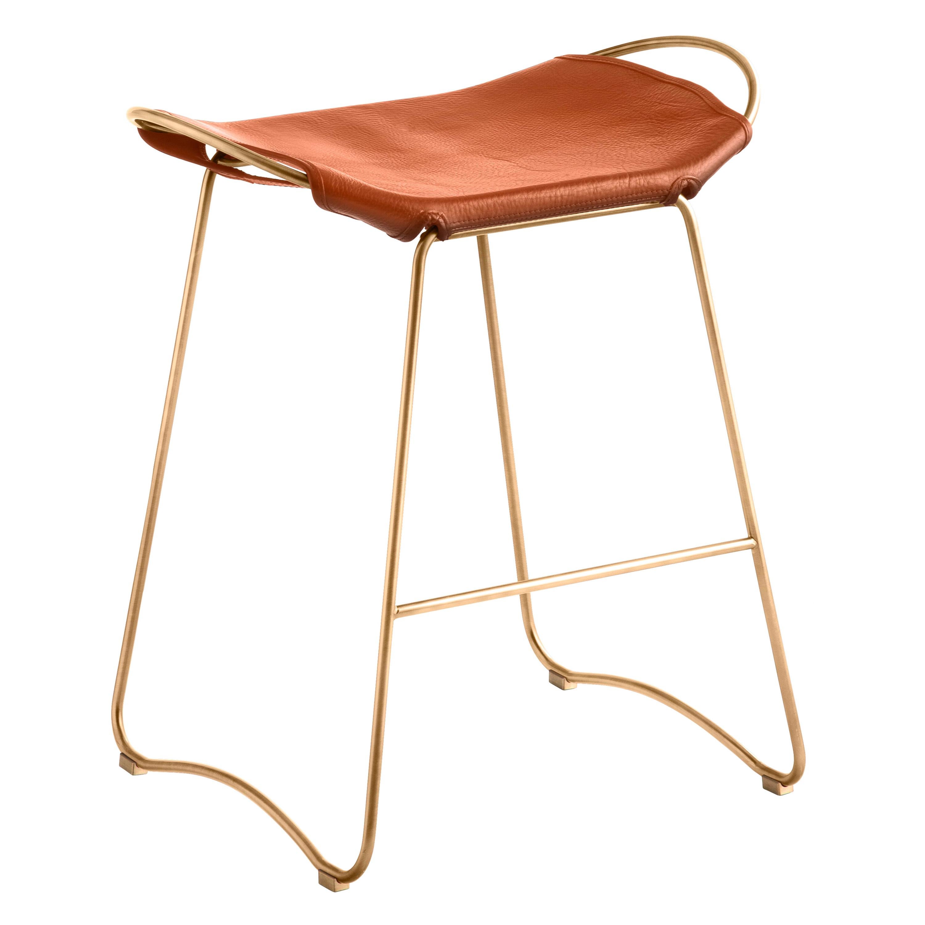 Bar Stool, Aged Brass Steel and Natural Tobacco Leather, Modern Style