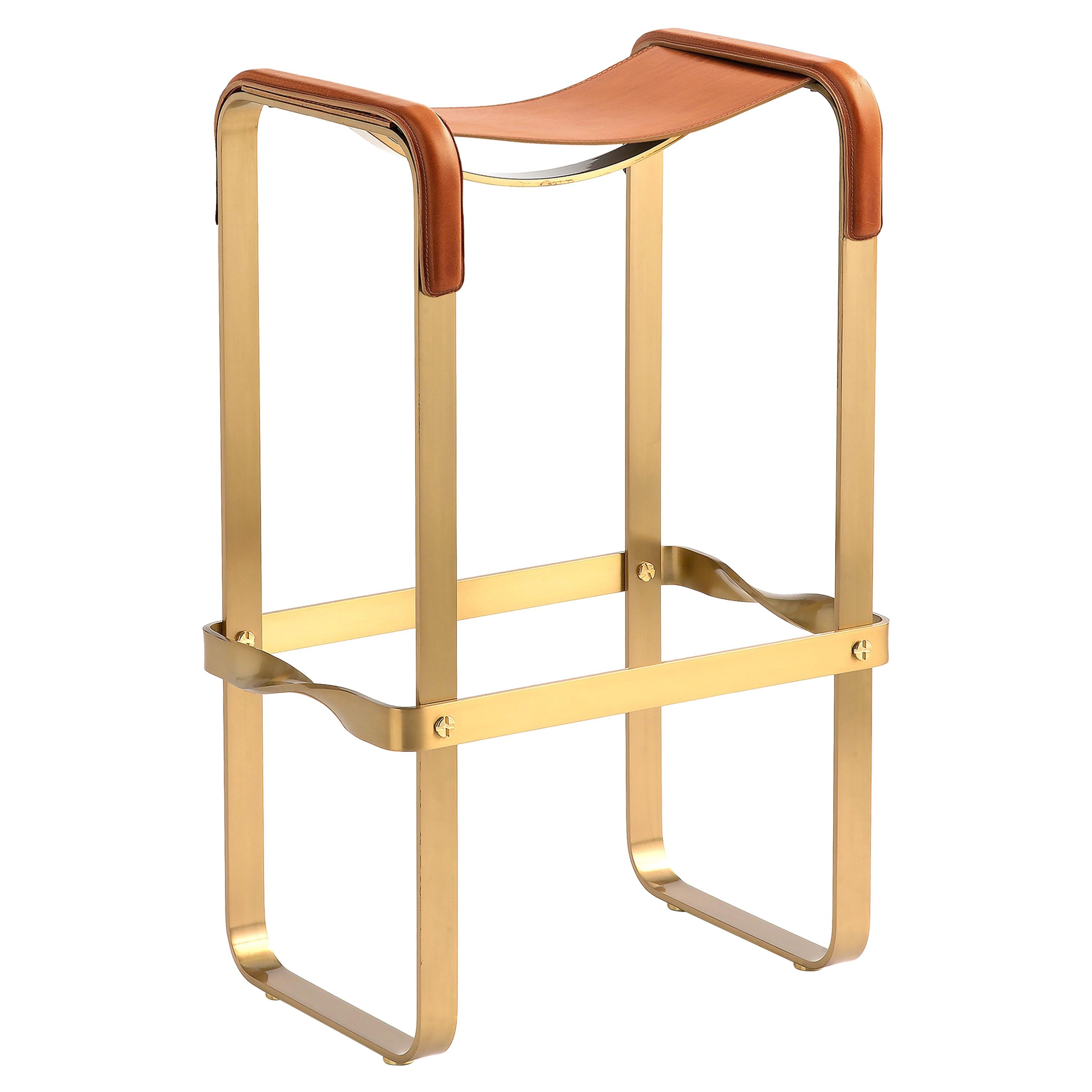 Classic Contemporary Barhocker Aged Brass Metall & Natural Tobacco Leder