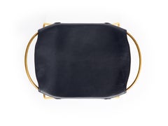 Organic Contemporary Bar Stool, Aged Brass Metal & Navy Blue Leather