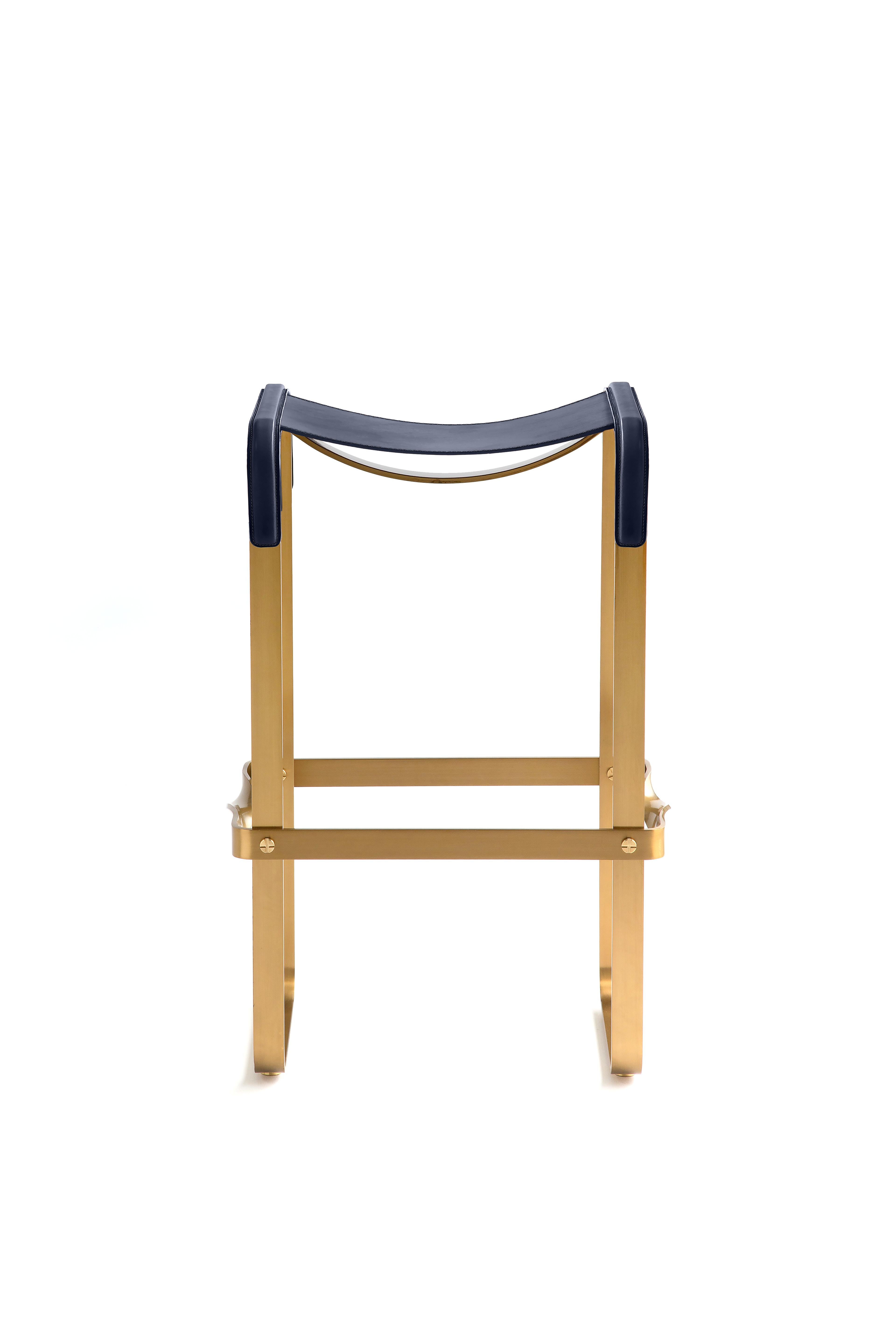Modern Classic Contemporary Bar Stool Aged Brass Steel & Navy Blue Leather For Sale