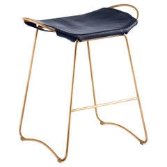 Organic Contemporary Bar Stool, Aged Brass Metal & Navy Blue Leather