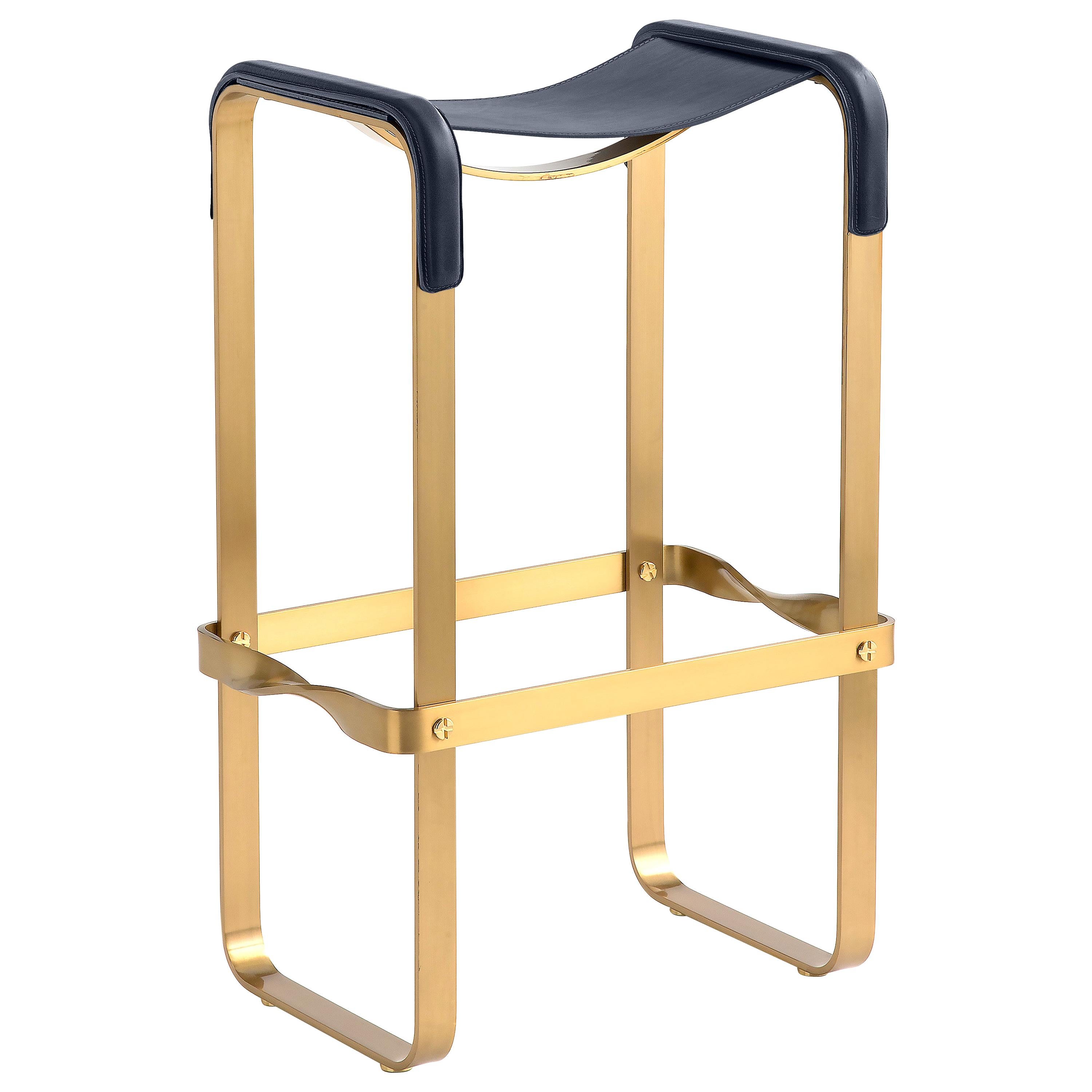 Classic Contemporary Bar Stool Aged Brass Steel & Navy Blue Leather For Sale