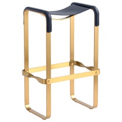 Classic Contemporary Bar Stool Aged Brass Steel & Navy Blue Leather